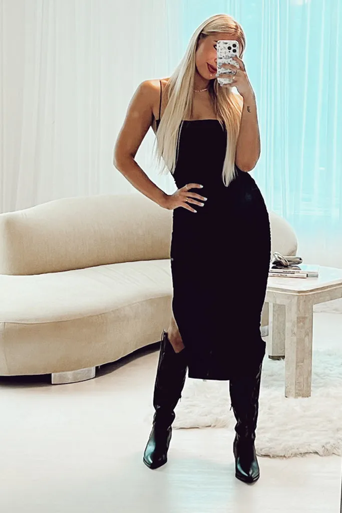 Mesh Panel Details Venice Ruched Midi Dress - Black