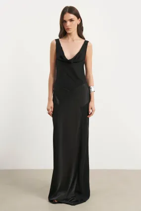 Cowl Neck Satin Panel Gown - Black Relaxed-fit Light Silhouette