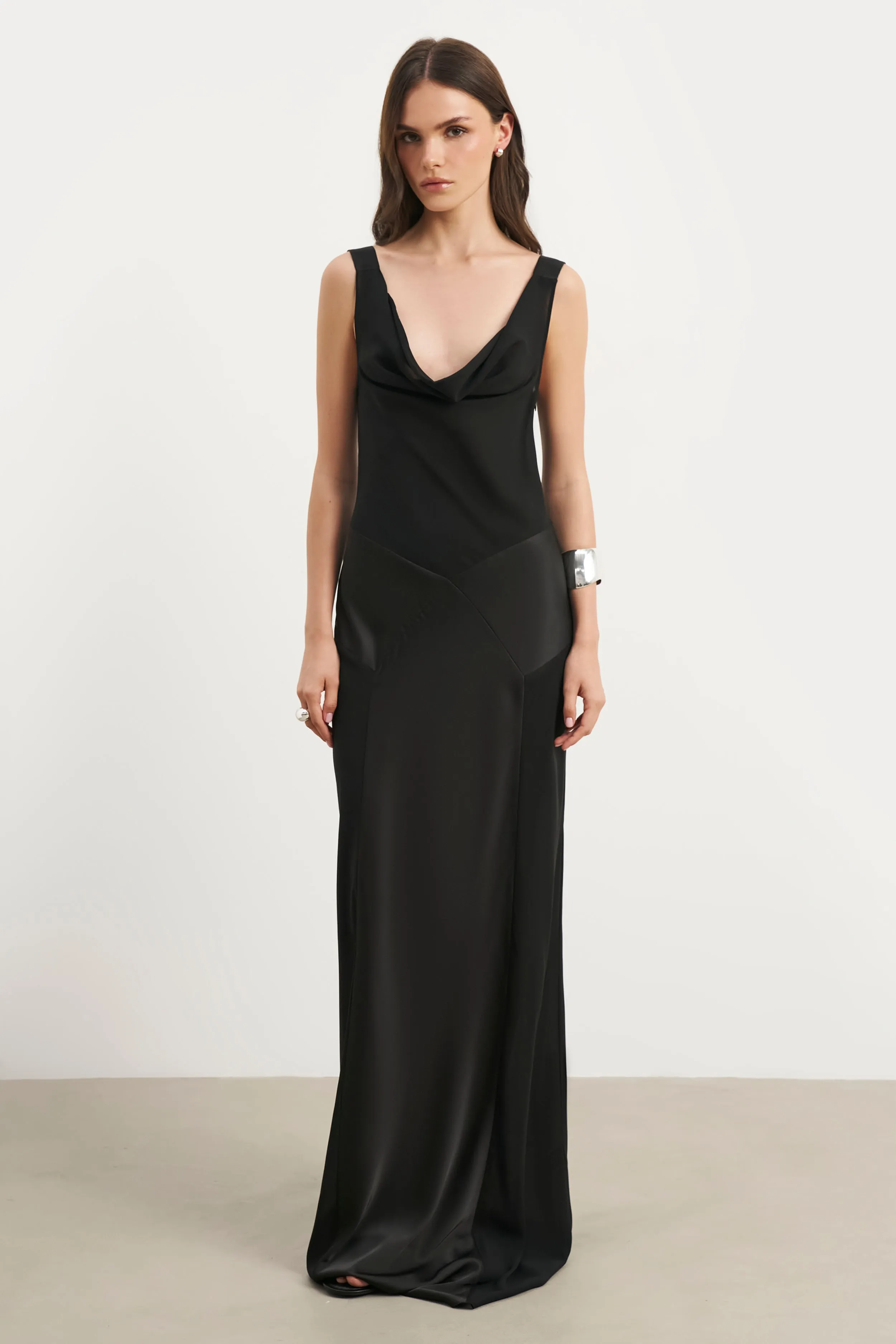 Cowl Neck Satin Panel Gown - Black Smart and Elegant Chilly Wear