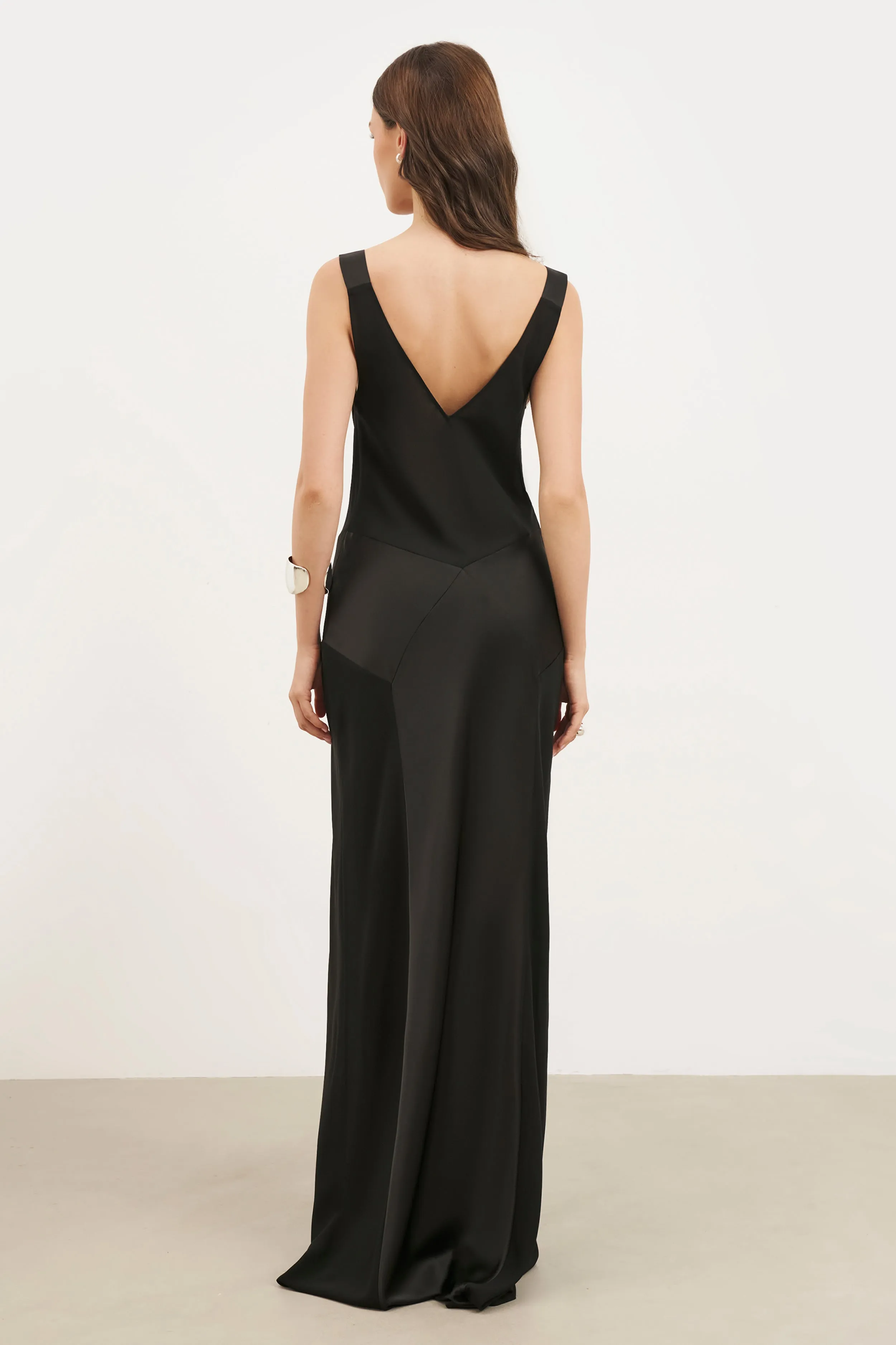 Cowl Neck Satin Panel Gown - Black Travel-Essential