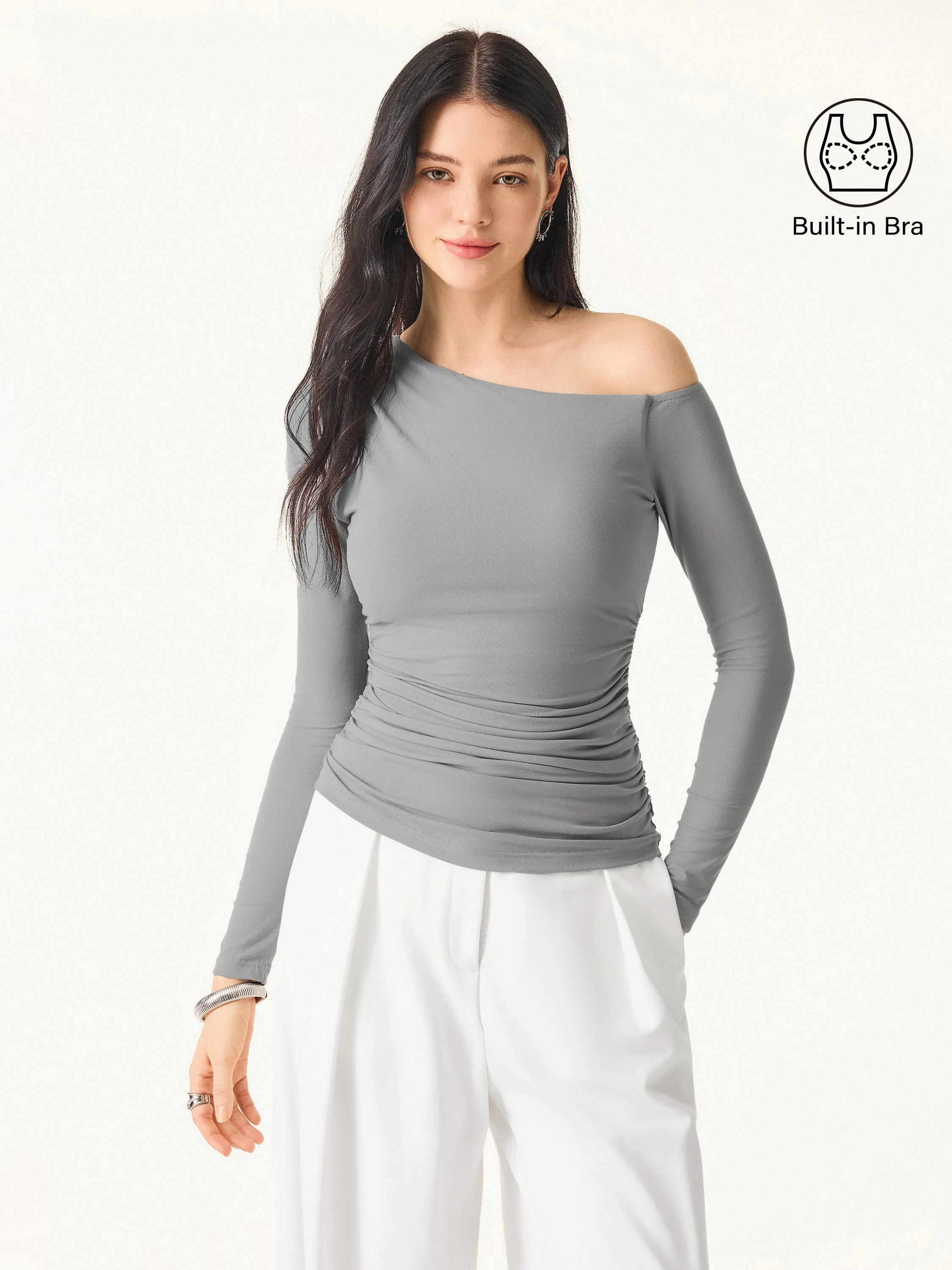 LightweightMaterial Raw Edge Finish Asymmetrical Shoulders Long Sleeve Gathered Brami Top
