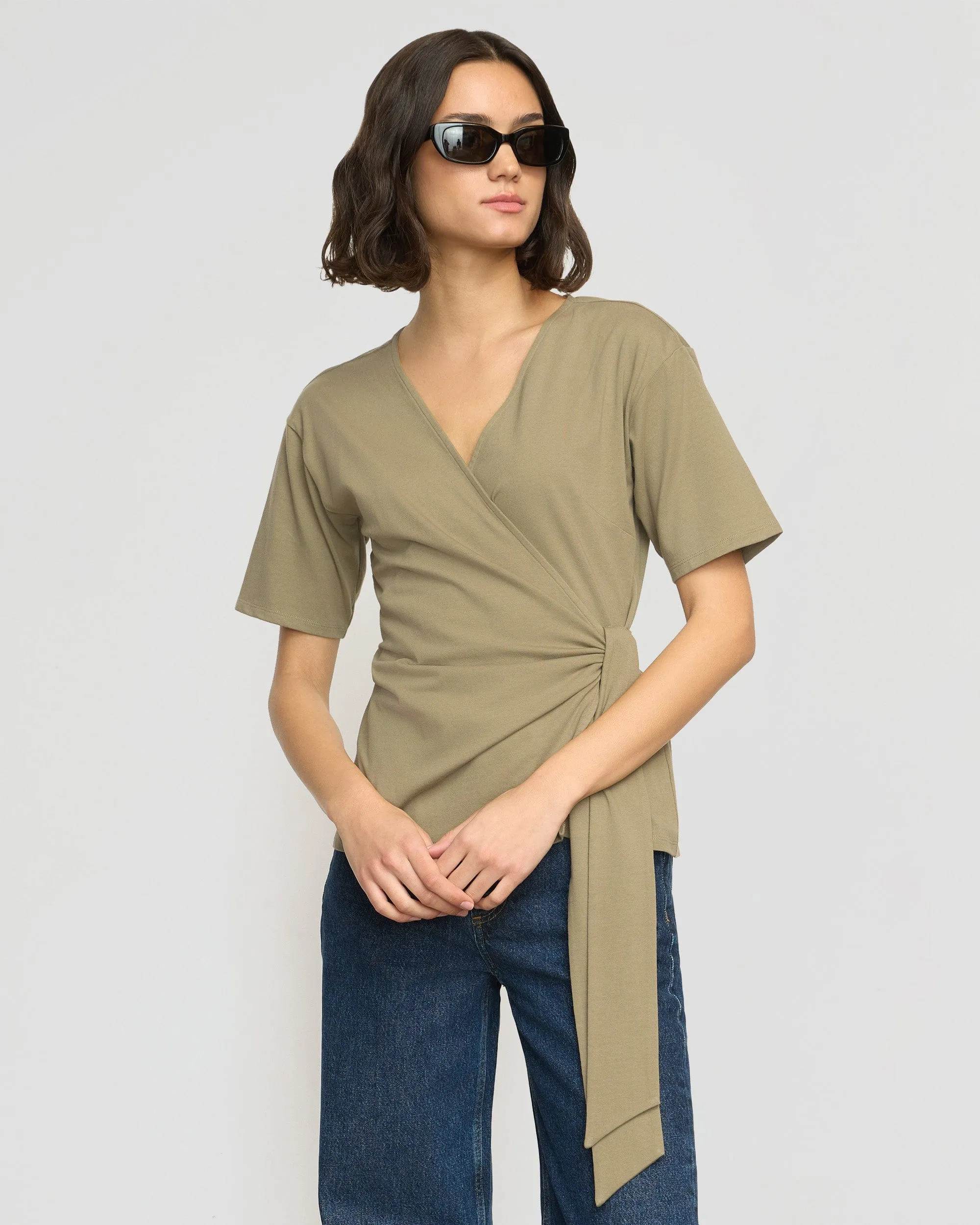 Sena Organic Cotton Wrap Tee Adjustable Cuffs Interlock Stitch Detail