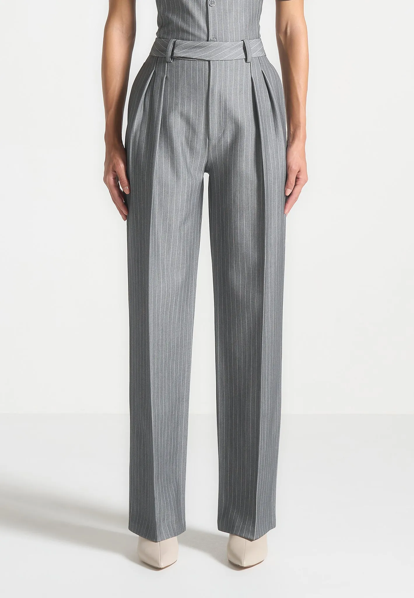 Julie - Pinstripe Twin Pleat Tailored Trousers - Grey Polished Appearance
