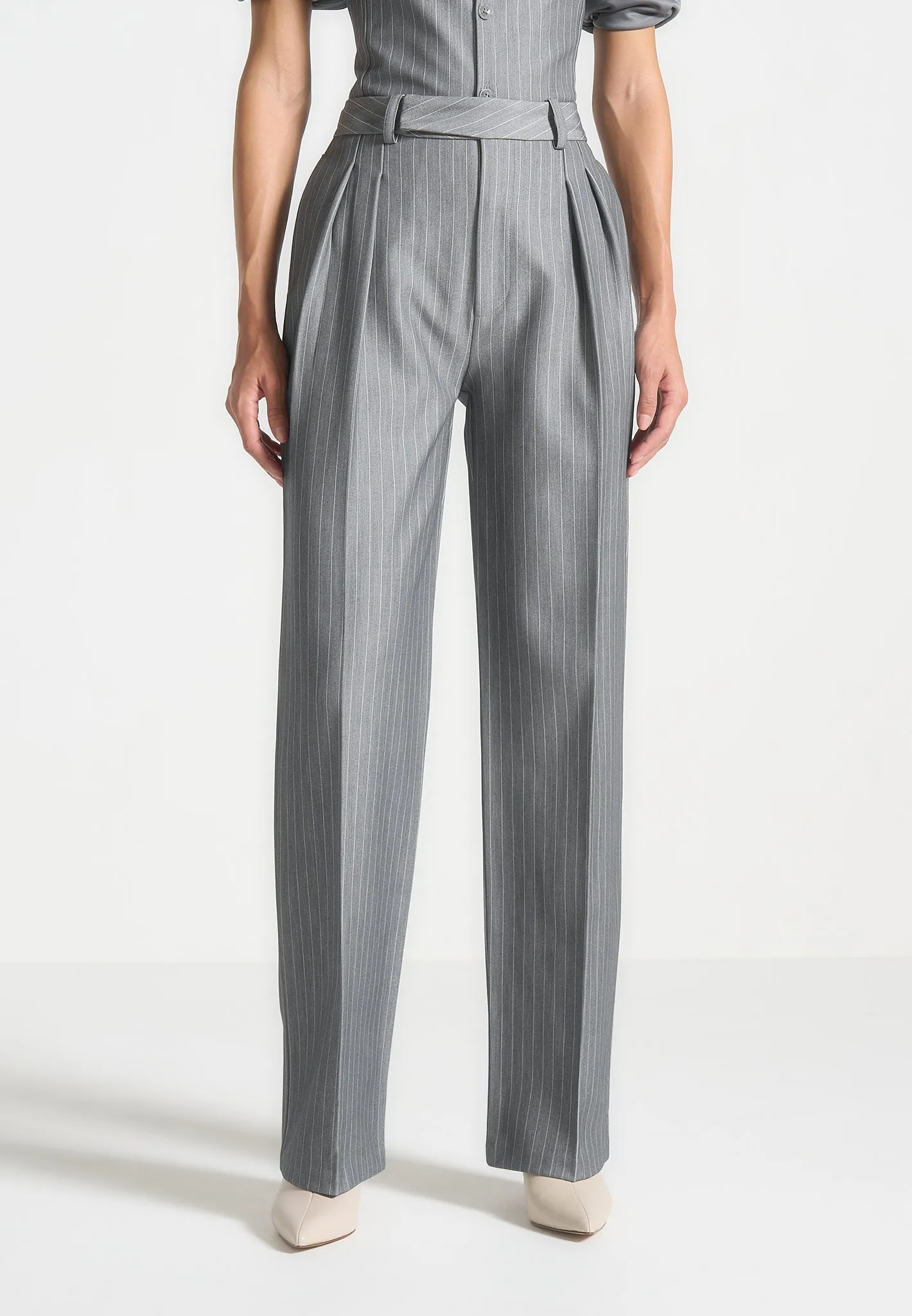 Julie - Pinstripe Twin Pleat Tailored Trousers - Grey Flexible Fit Seasonal Comfort