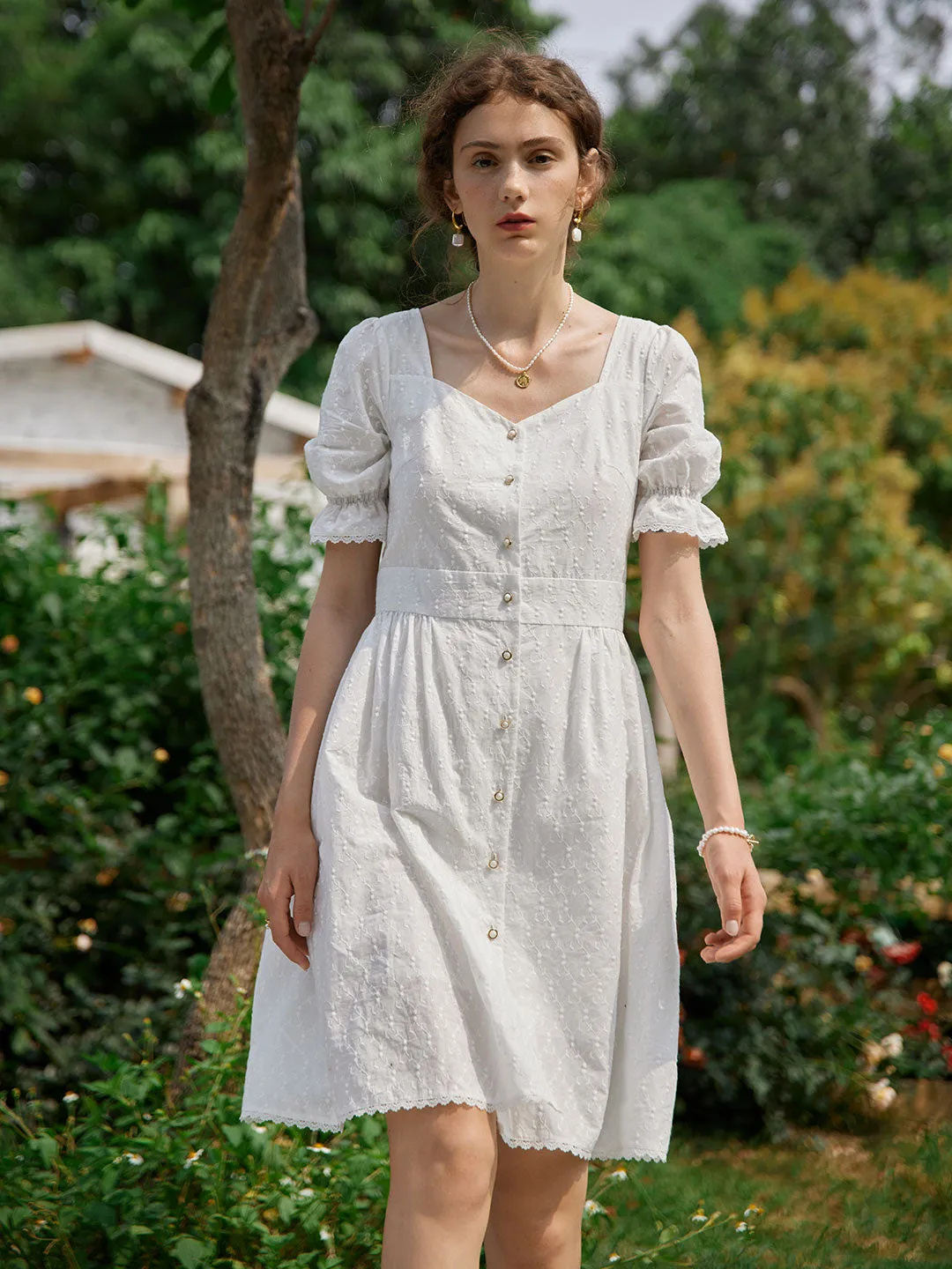 Victorian 100% Cotton Embroidery Midi Dress Shine Dressy Smart Layers