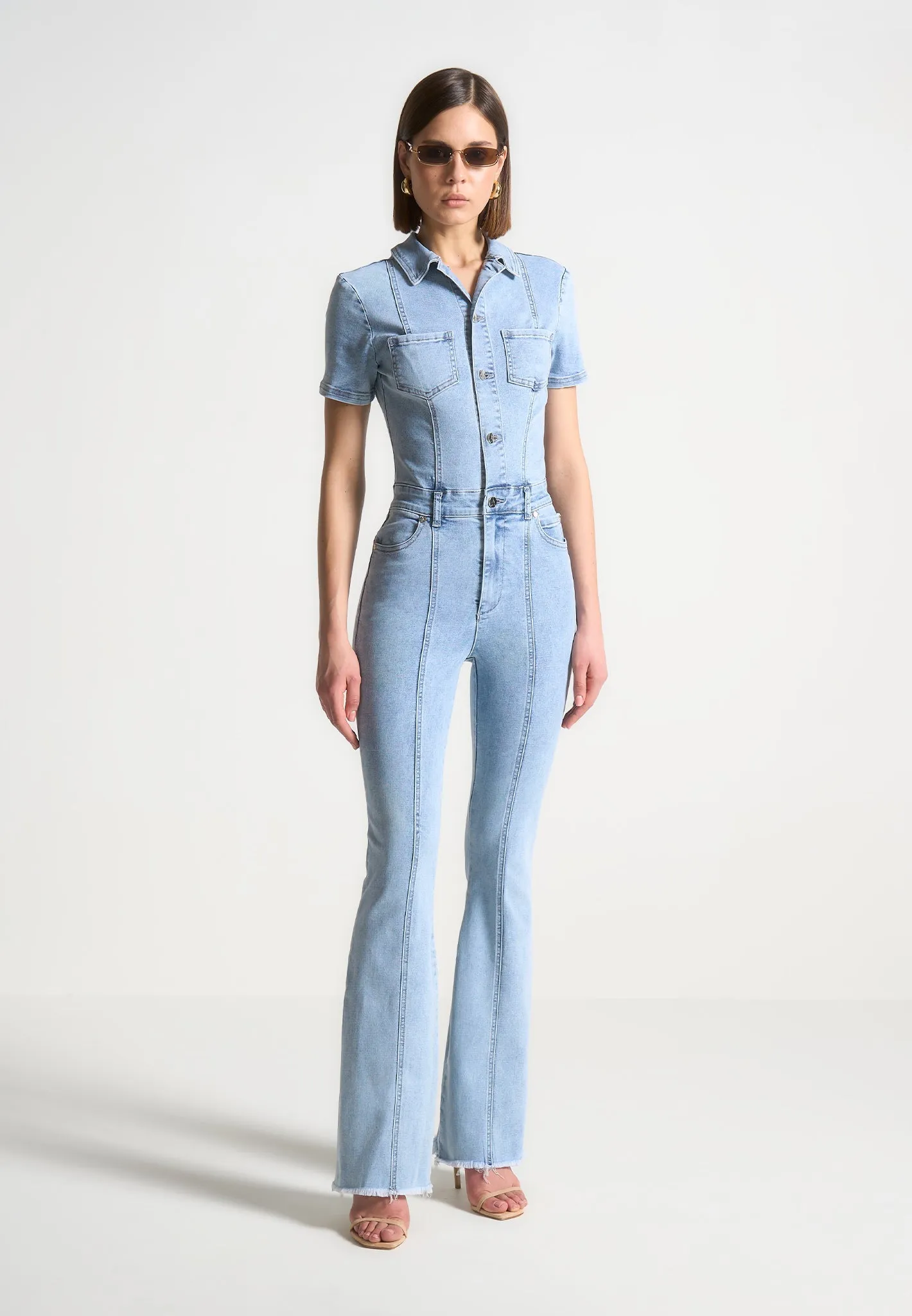 Violette - Mini Flared Denim Jumpsuit - Mid Blue MoistureWickingMaterial RelaxedSilhouette