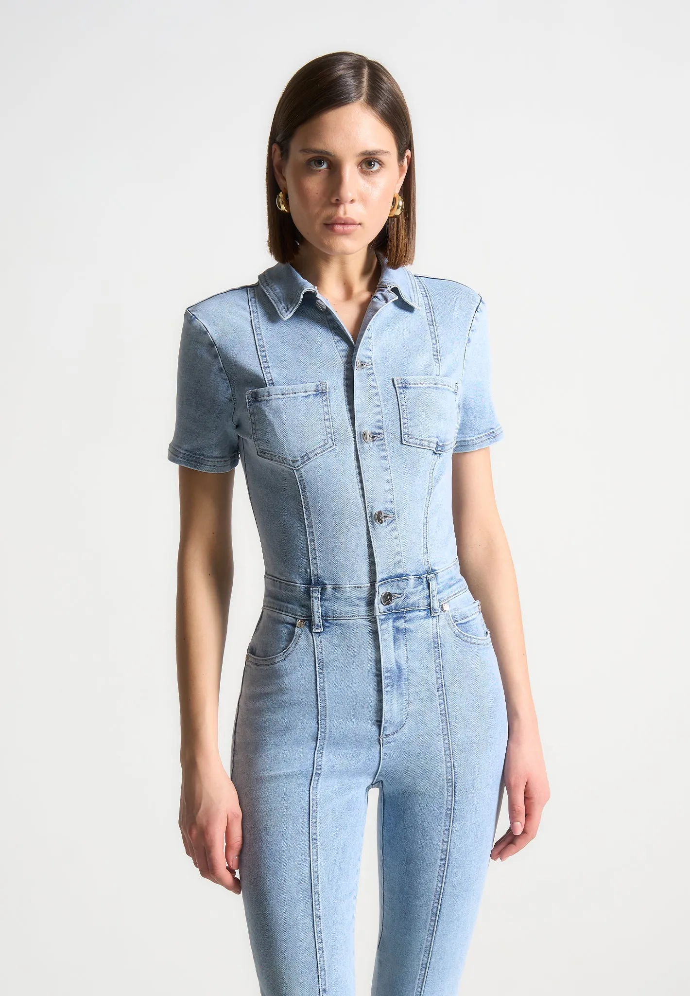 PuckerFree Surface Violette - Mini Flared Denim Jumpsuit - Mid Blue