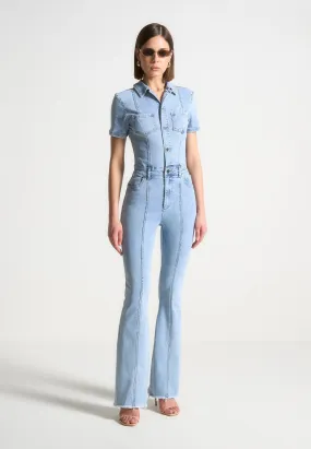 Violette - Mini Flared Denim Jumpsuit - Mid Blue MoistureWickingMaterial RelaxedSilhouette