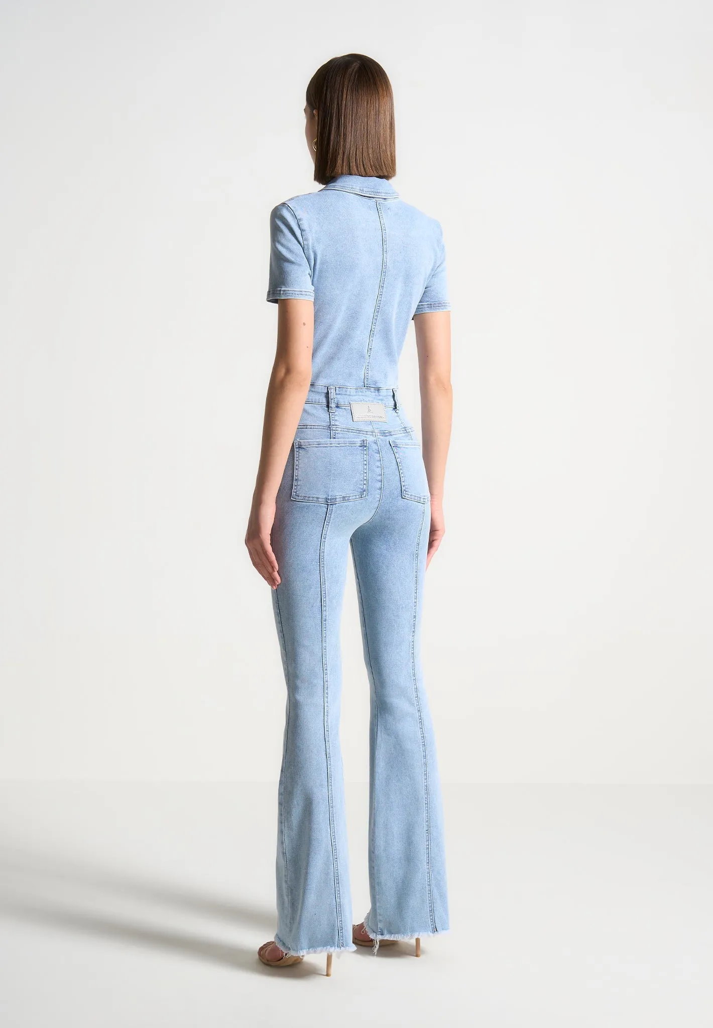 Violette - Mini Flared Denim Jumpsuit - Mid Blue Anti Pill Surface Self Cleaning Coating