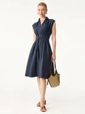 Viscose-Linen Collared V-neck Midi Dress with Drawstring Urban Mood