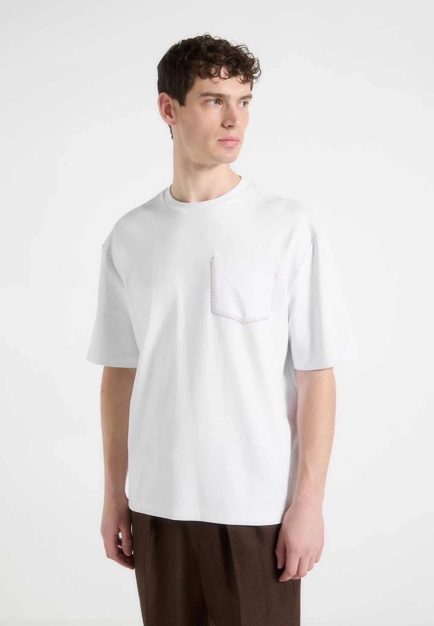 Anniversary Special Yoke Design Whipstitch Pocket T-Shirt - White