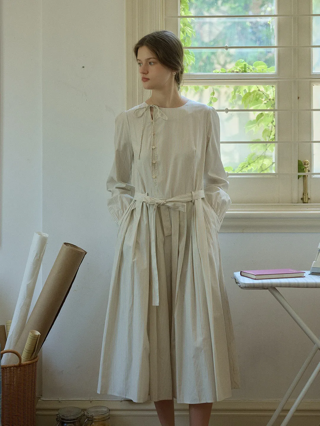 Light Touch Marie Round Neck Bow Front Button Striped A-Line Dress