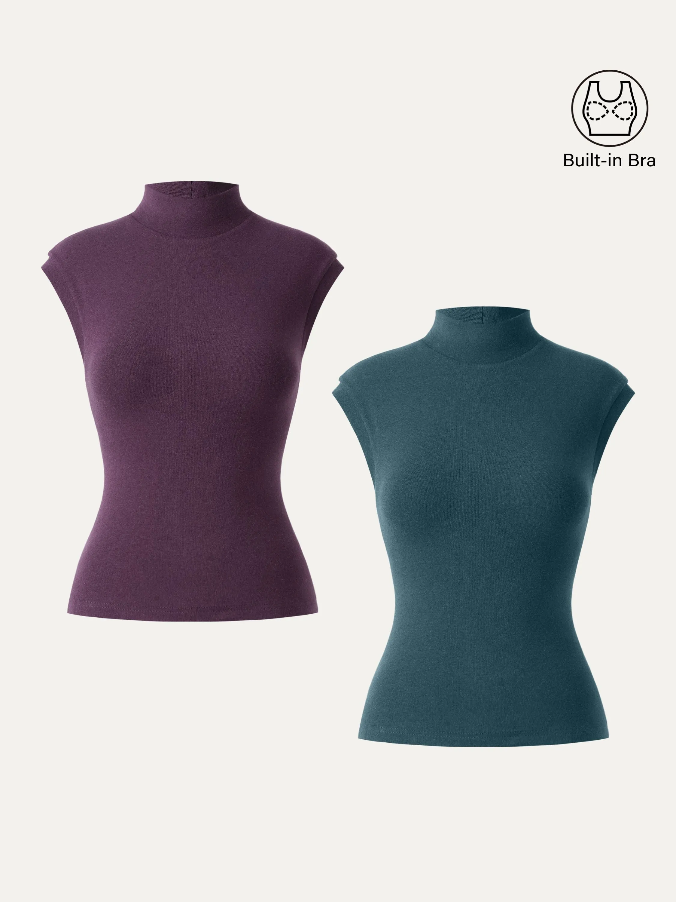 SoftTouchBrushedInterior EthicallySourced 2Pcs Set Stretch Cotton Mock Neck Cap Sleeve Brami Top