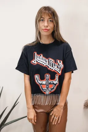 Non Restrictive Cut Versatile Wear Judas Priest Rhinestone Fringe Tee