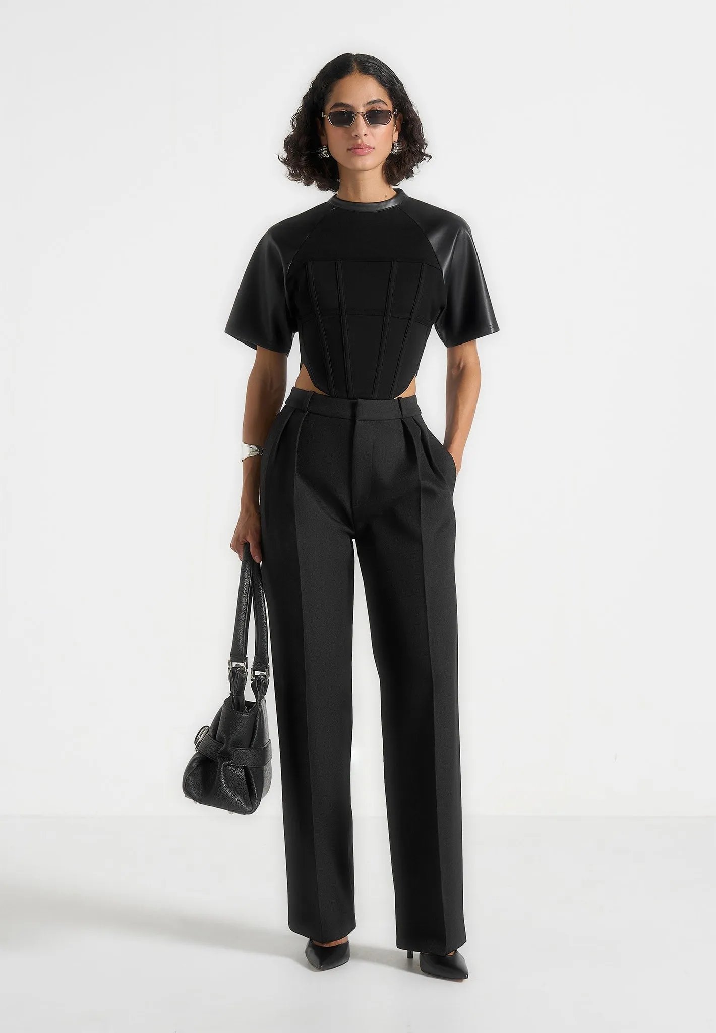 Juline - Leather Corset T-Shirt - Black Lightweight Look