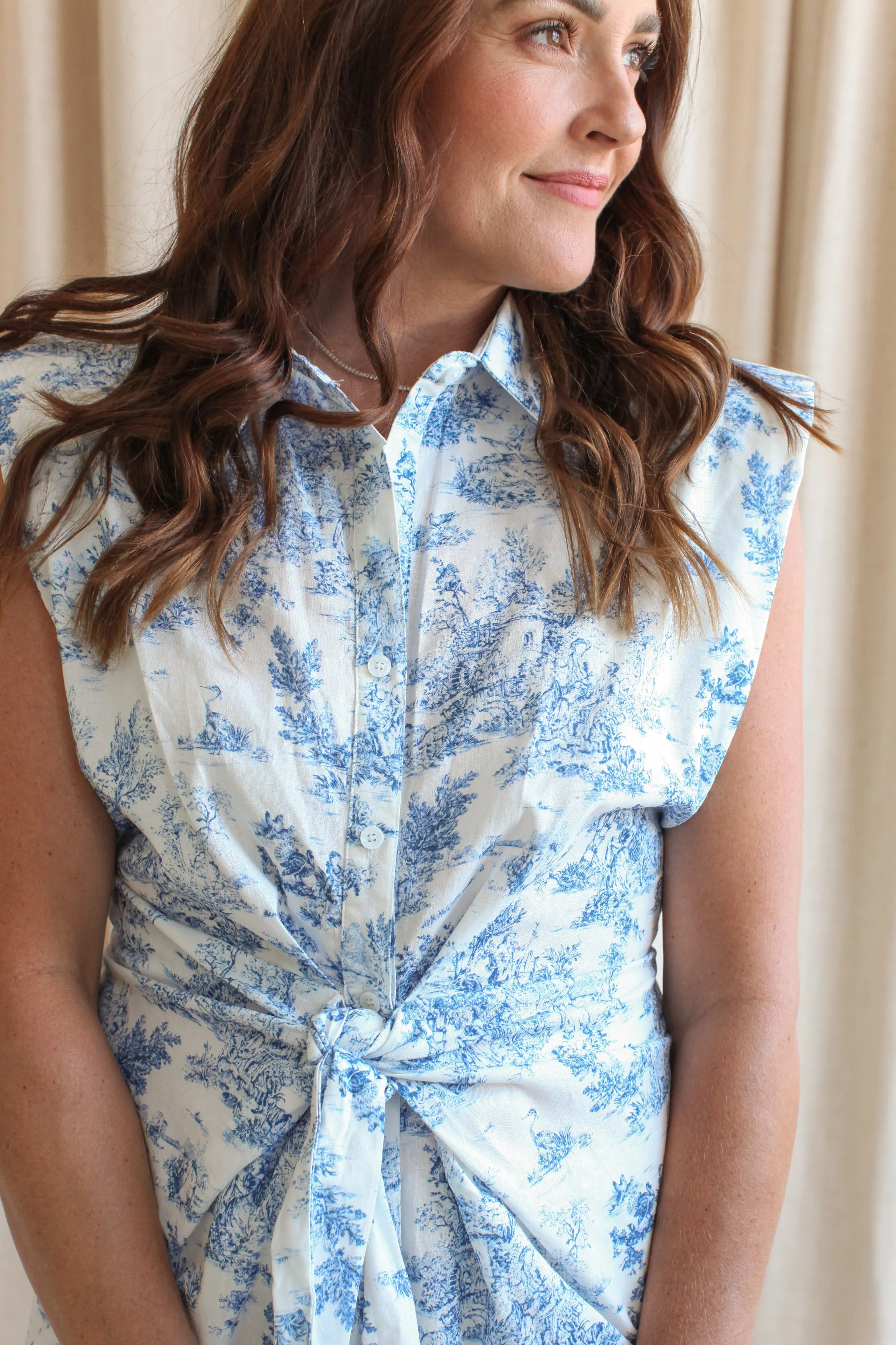 Blue Toile Knot Dress Fresh Color Flattering Shape Design