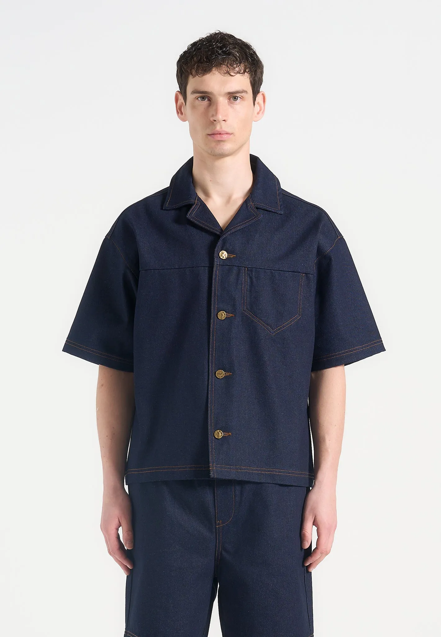 Carl - Boxy Denim Revere Shirt - Indigo Flatlock Seam Sport Top