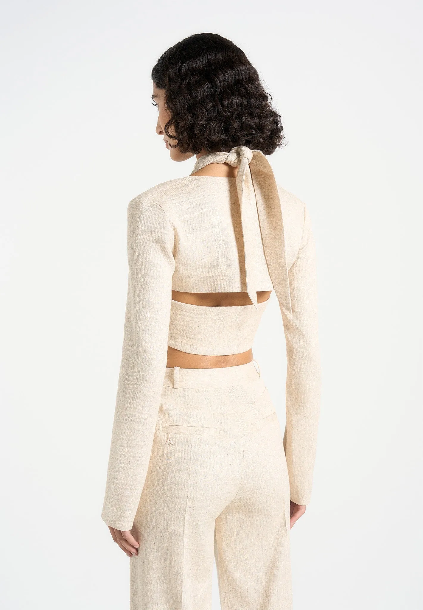 Neutral Color Easy Wear Look Wendy - Linen Crossover Bolero Top - Natural