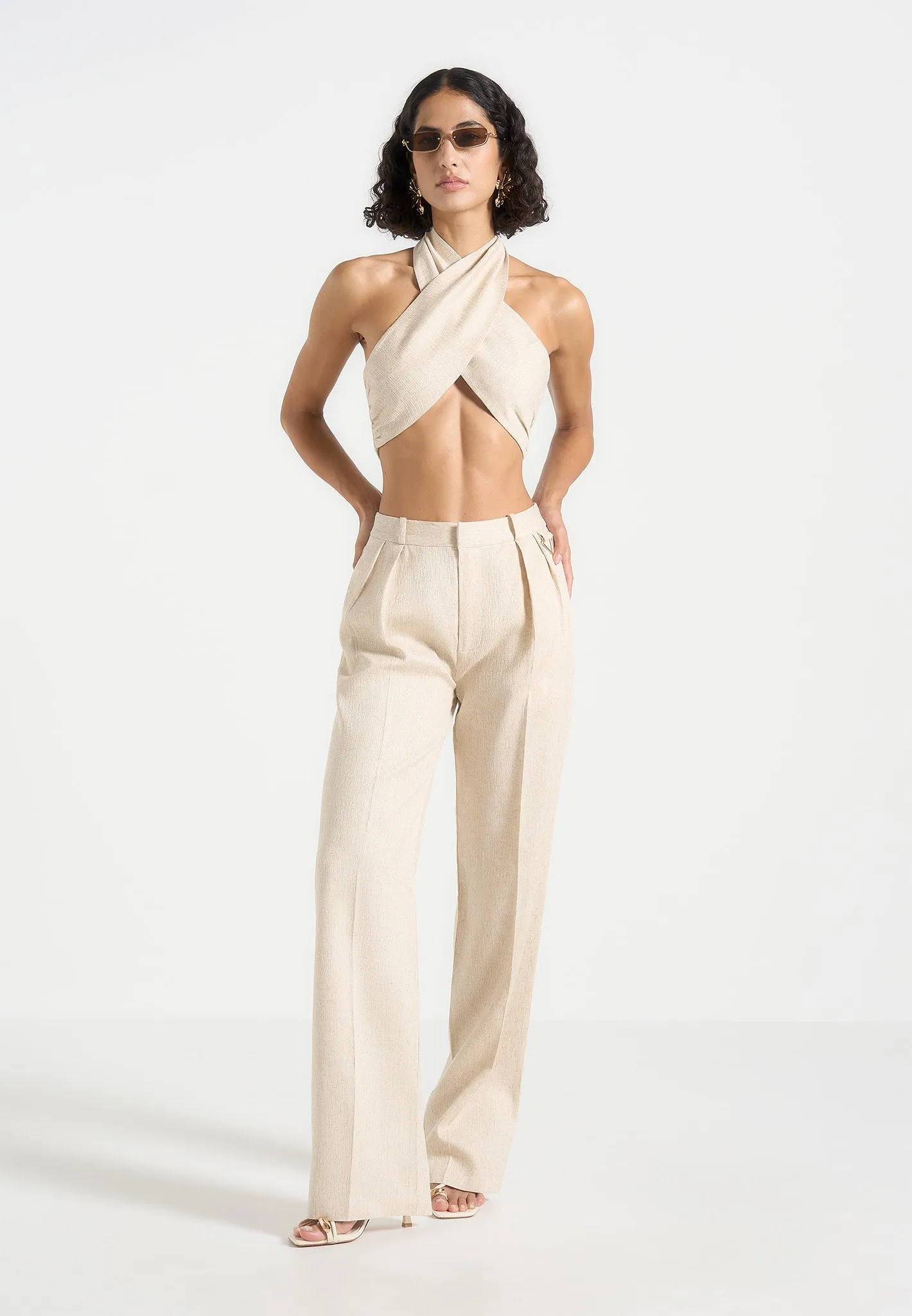 Tubular Knit Structure Wendy - Linen Crossover Bolero Top - Natural