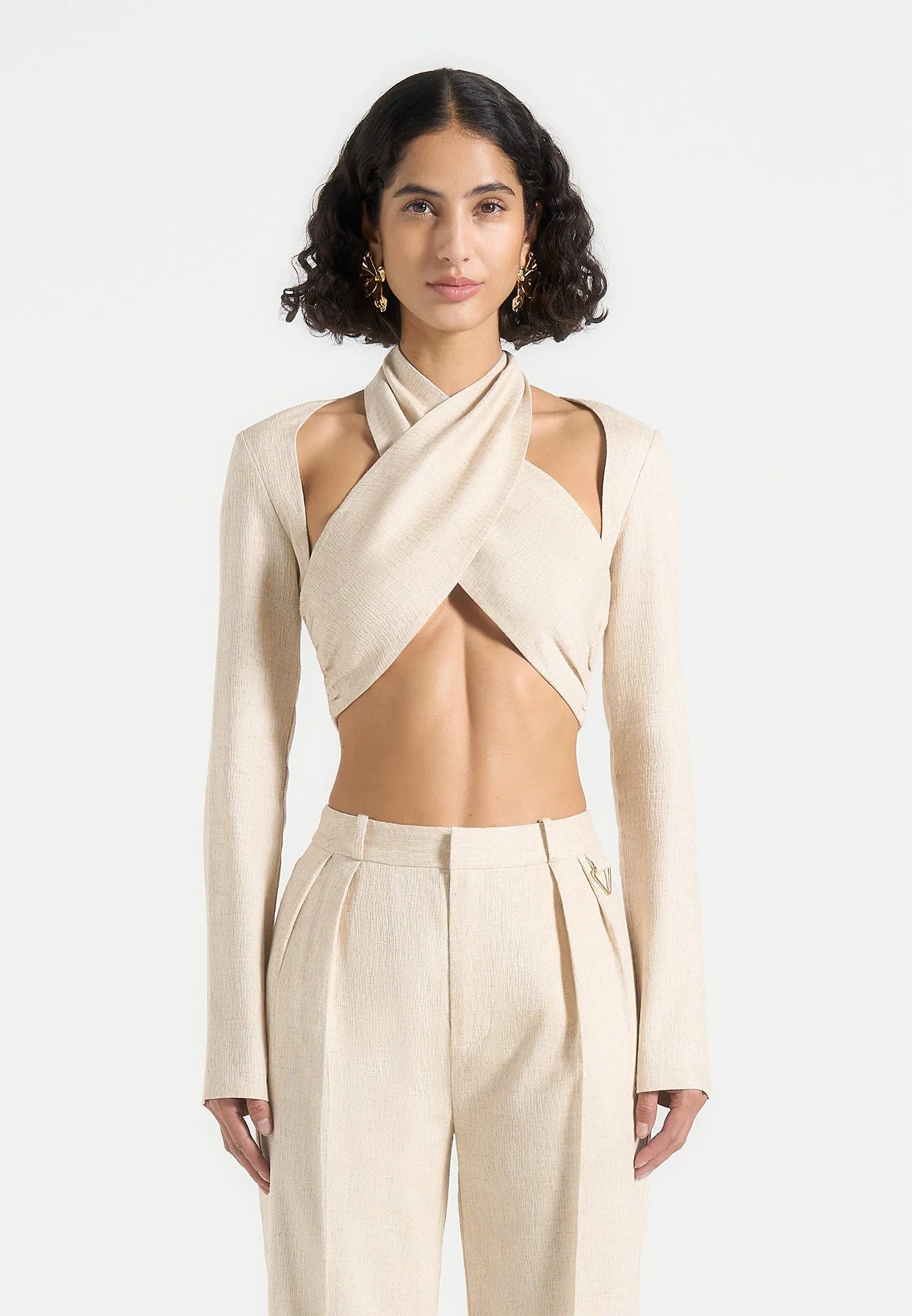 Chic Look Cozy Vibes Wendy - Linen Crossover Bolero Top - Natural