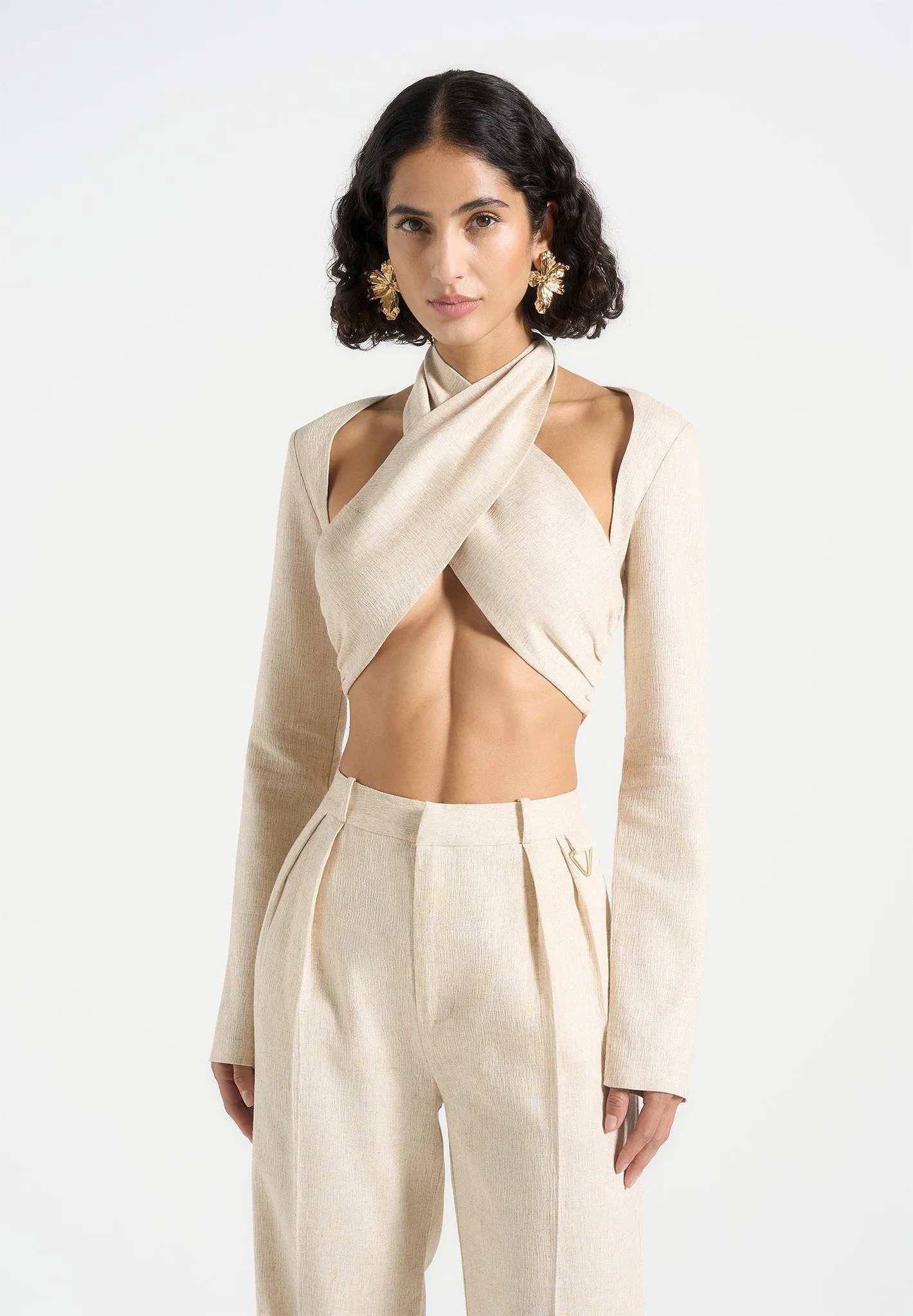 Wendy - Linen Crossover Bolero Top - Natural Breathable Material