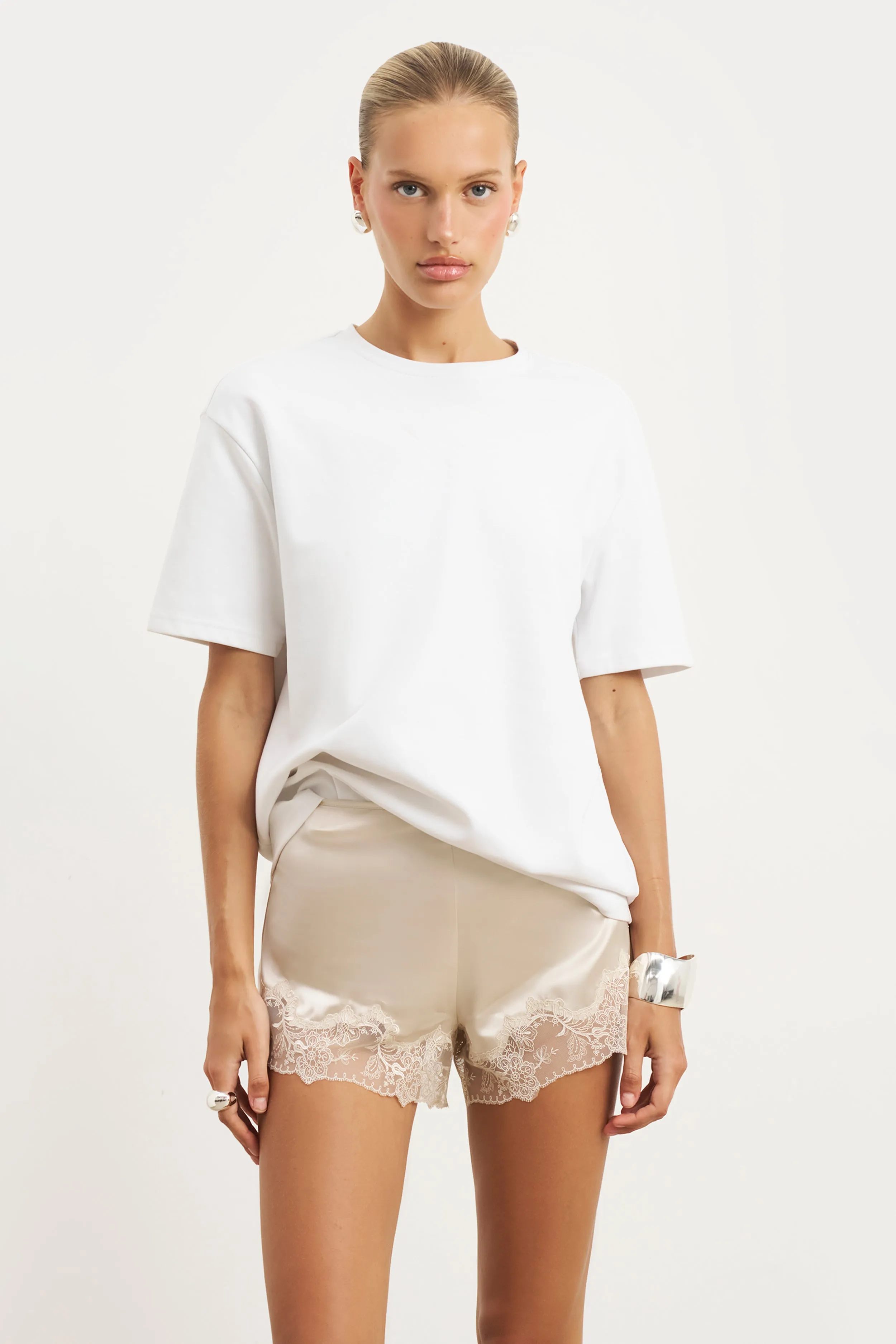 comfortable attire Low Profile Closure System Satin Lace Detail Shorts - Champagne