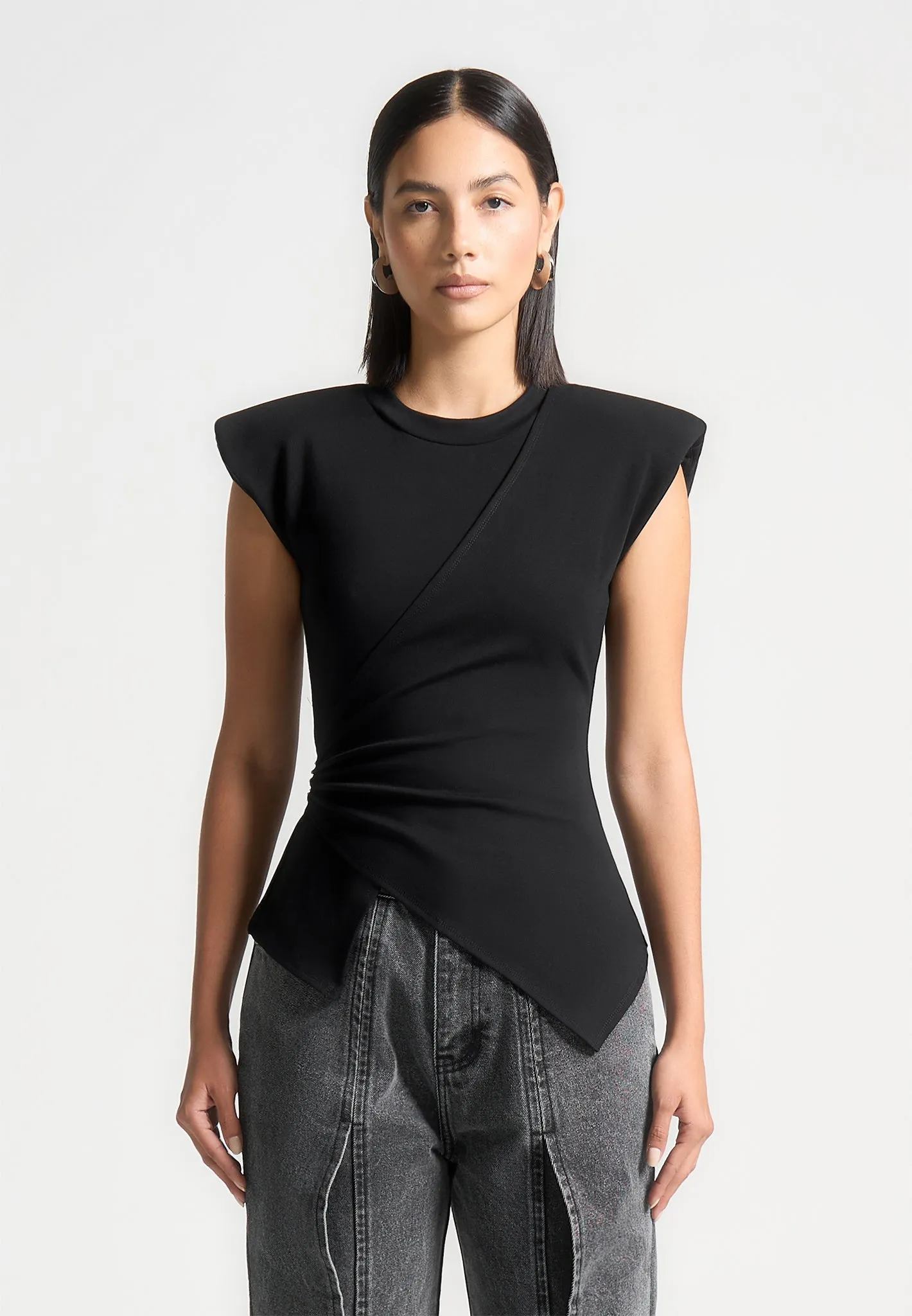 Flattering Shape Wide Shoulder Ruched Waist Top - Black