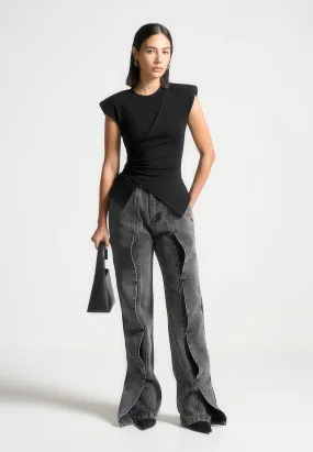 Wide Shoulder Ruched Waist Top - Black Thermal Regulation Layer Casual Essential