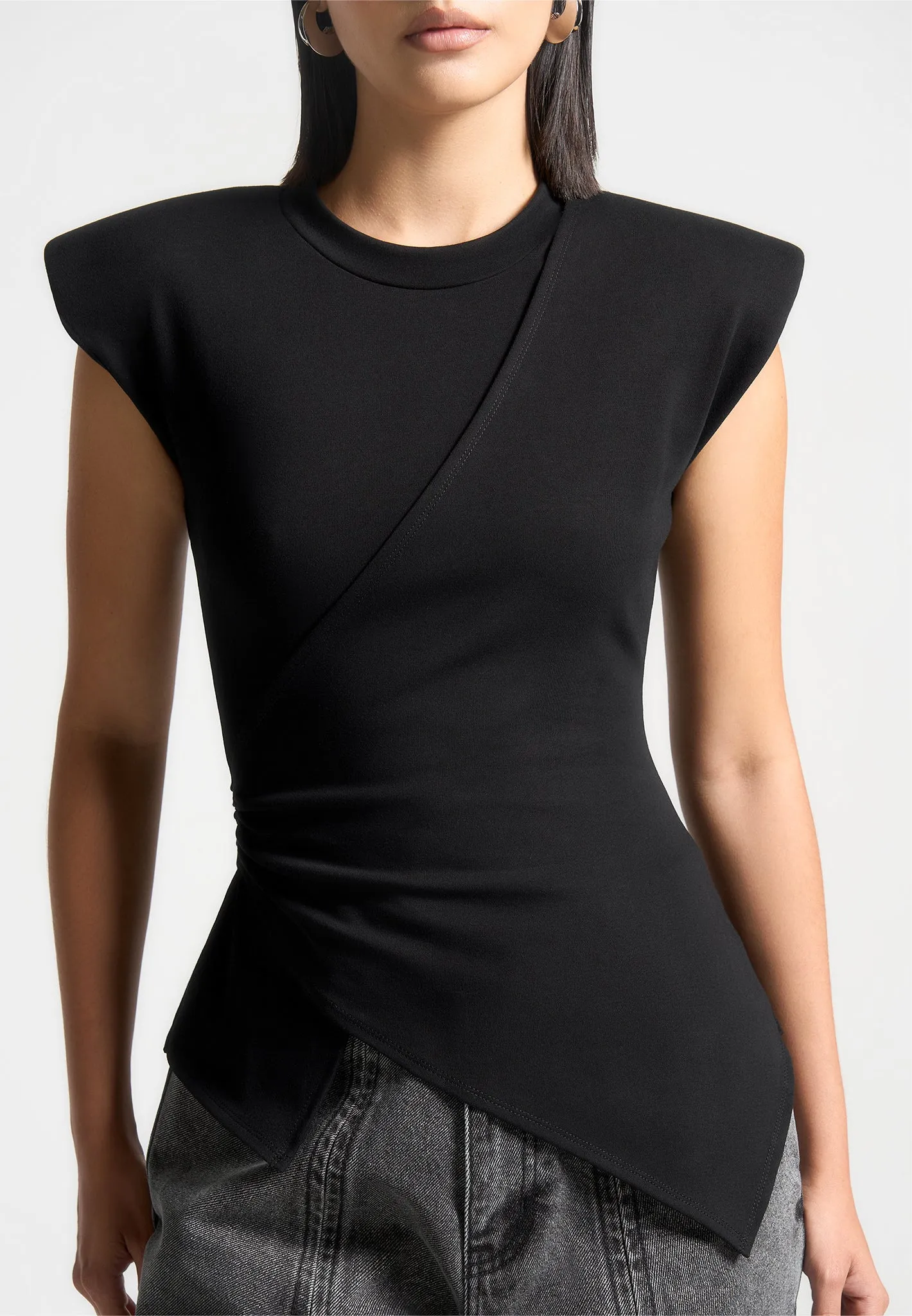 Tight Fit Wide Shoulder Ruched Waist Top - Black