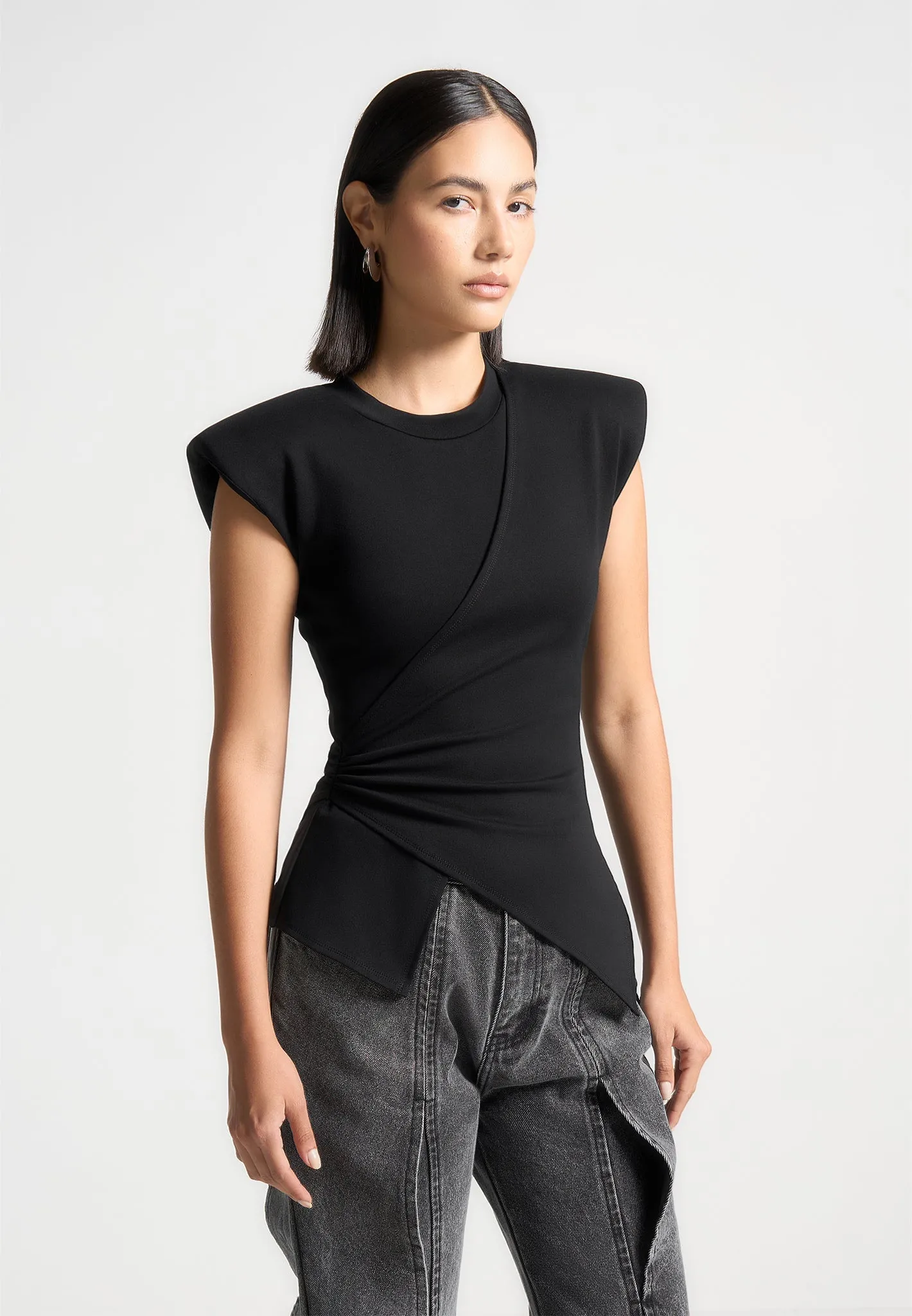 Wide Shoulder Ruched Waist Top - Black Casual Comfort Wear
