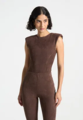 Wide Shoulder Suede Bodysuit - Brown Garment Washed Texture Chill Fit