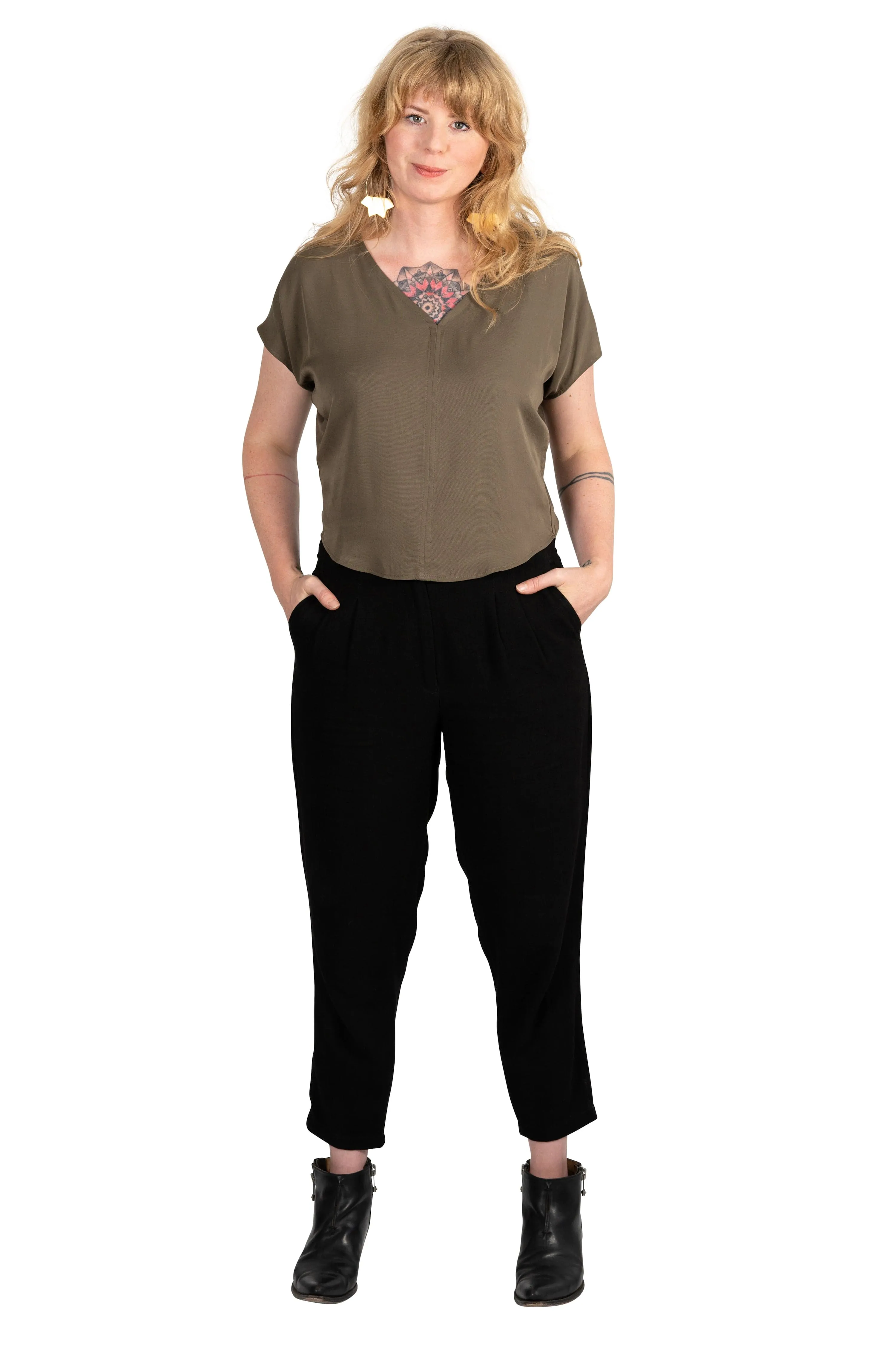 Casual Layering Dolman top in Olive Rayon Twill