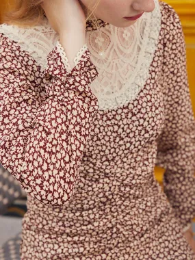 Happy Soul Gentle Motion Camila Maple Leaf Print Mock Neck Lace Contrast Dress