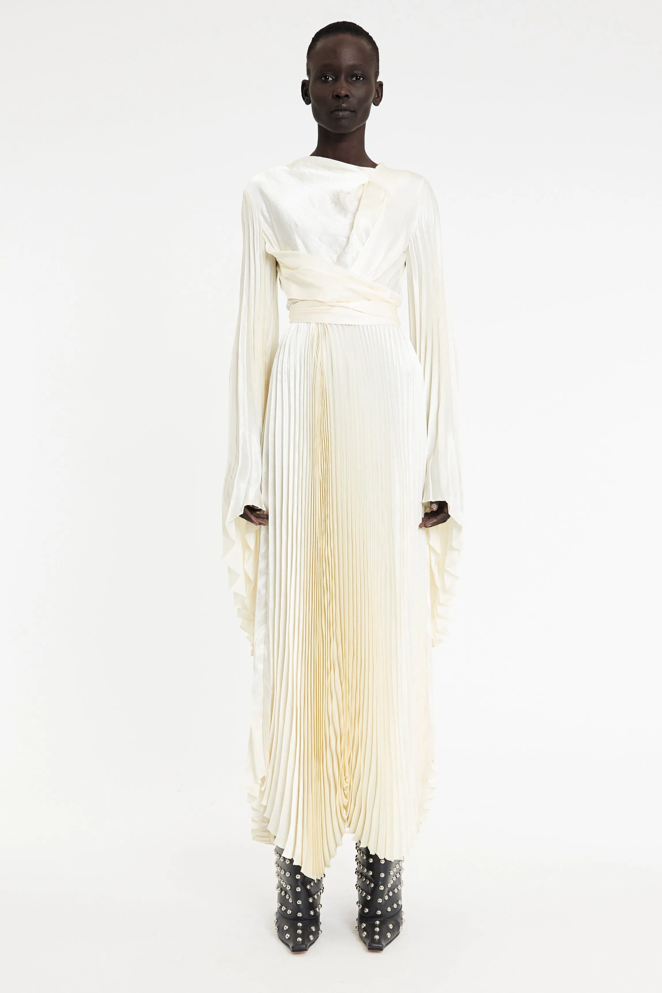 Wrap Around Maxi Dress With Pleated Skirt And Sleeves Ivory Chic and Elegant Weekend Look