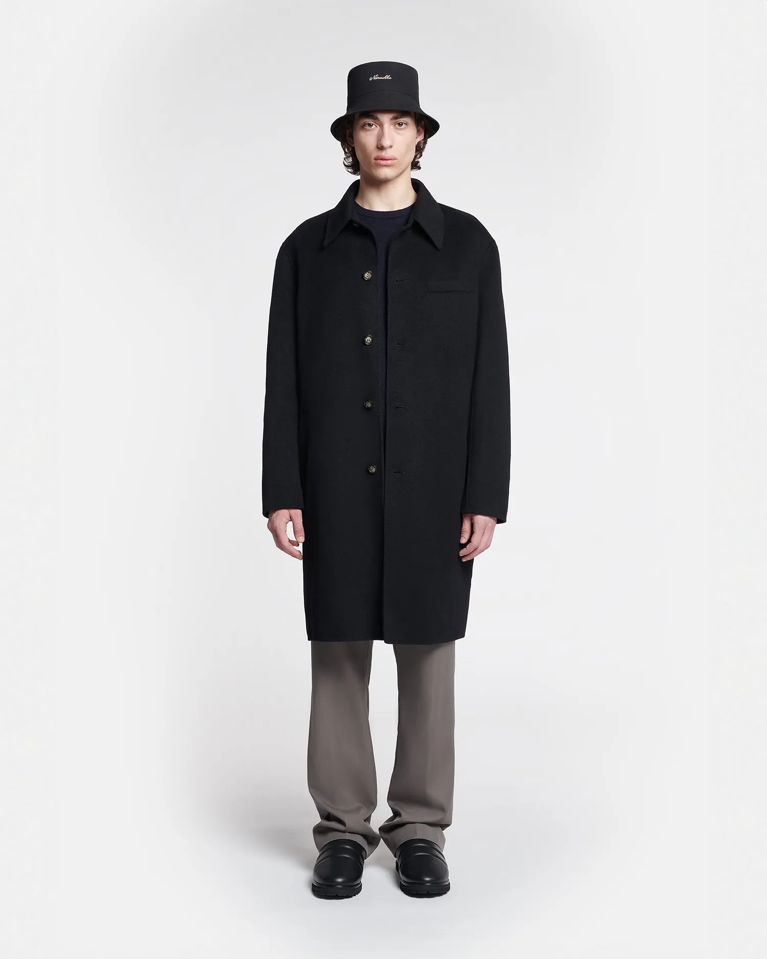wool material Rapid Release Buckle Janno - Double Wool Silk Coat - Black