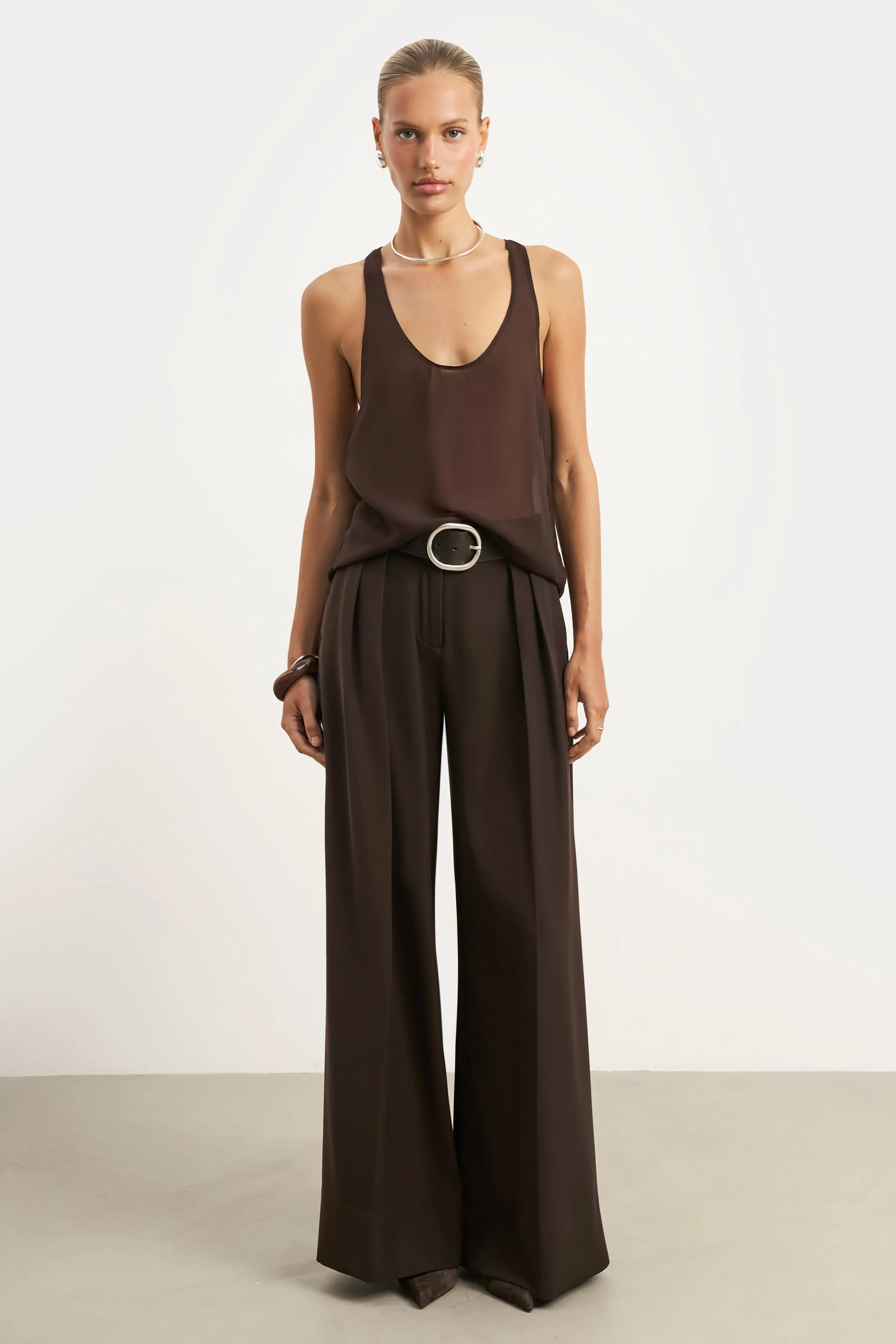 Sheer Plunge U Neck Tank Top - Carob Contrast Topstitching Detail simple design