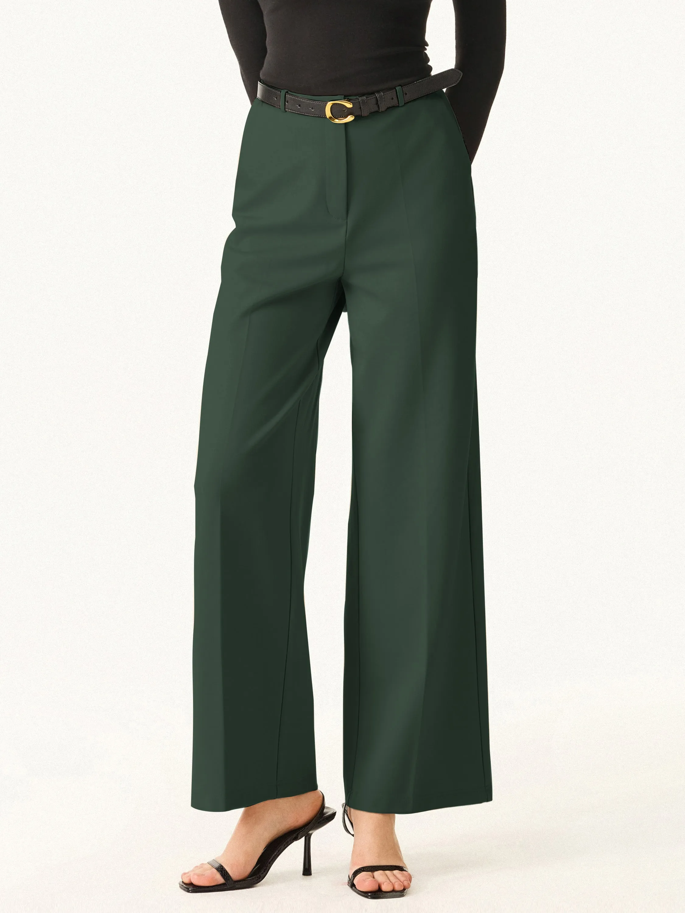 Movement Ease Wrinkle-Resistant High Rise Wide Leg Fly-Front Trousers with Pockets