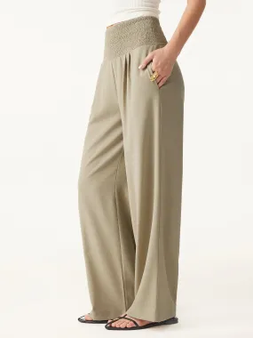 Wrinkle-resistant Tencel-linen Mid Rise Smocked Wide Leg Pant with Pockets SoftLining