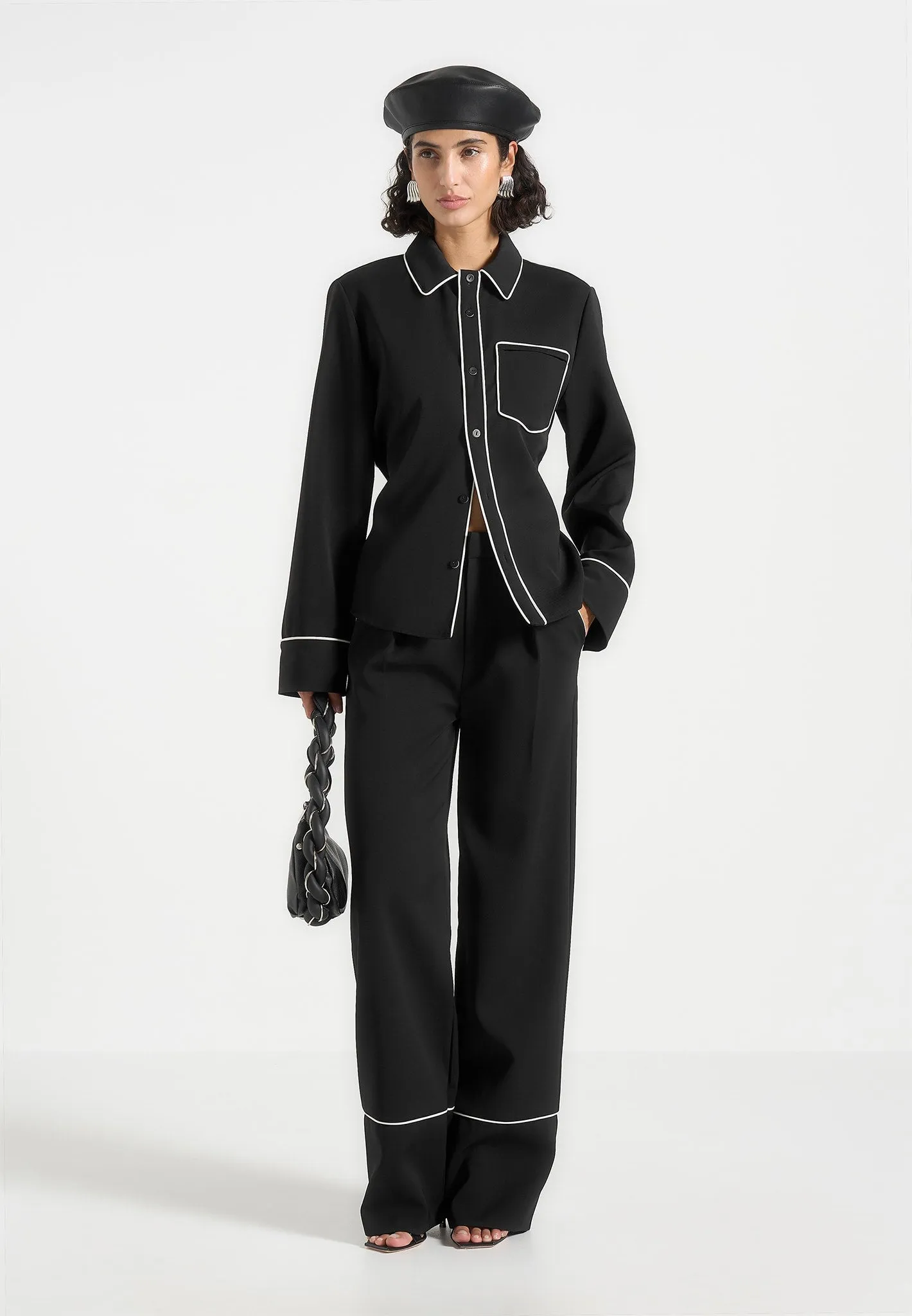 Contrast Piped Backless Tie Shirt - Black/White Day-to-Day Comfort Bold Comfort