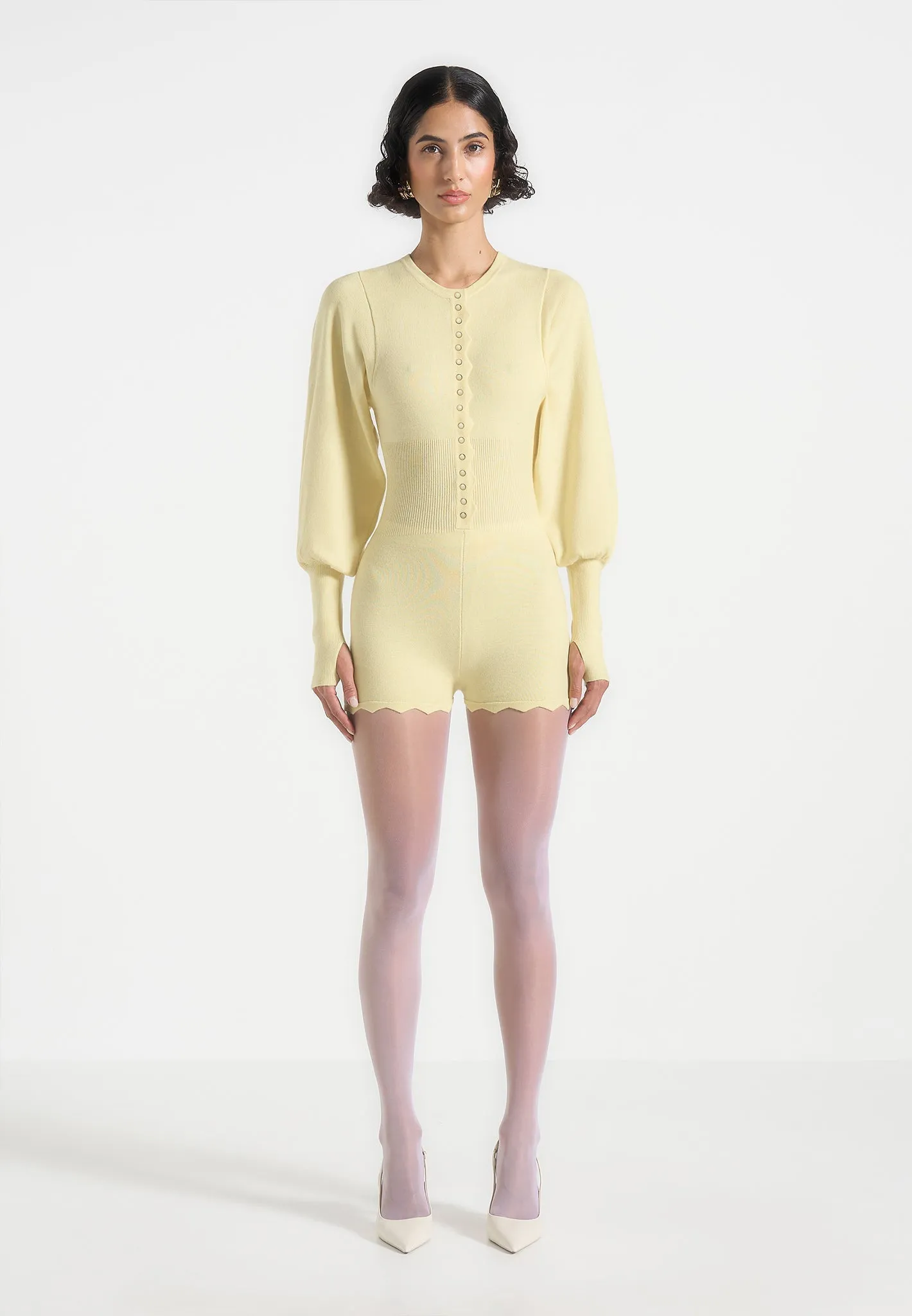 Roll Up Sleeve Design Michele - Knitted Scallop Hem Playsuit - Pale Yellow