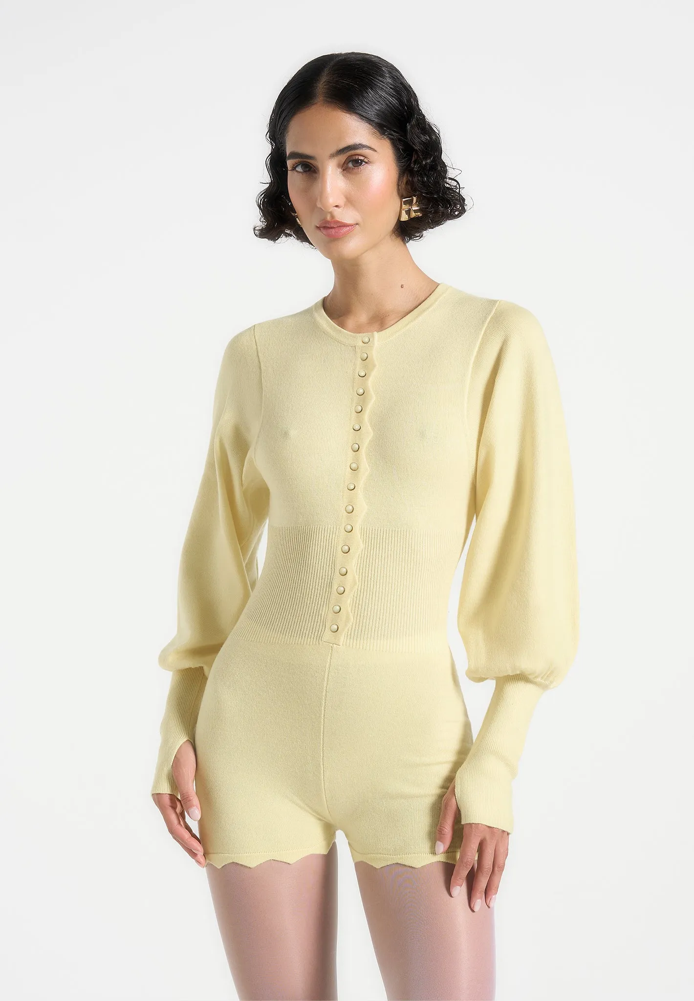 Michele - Knitted Scallop Hem Playsuit - Pale Yellow All Day Comfort