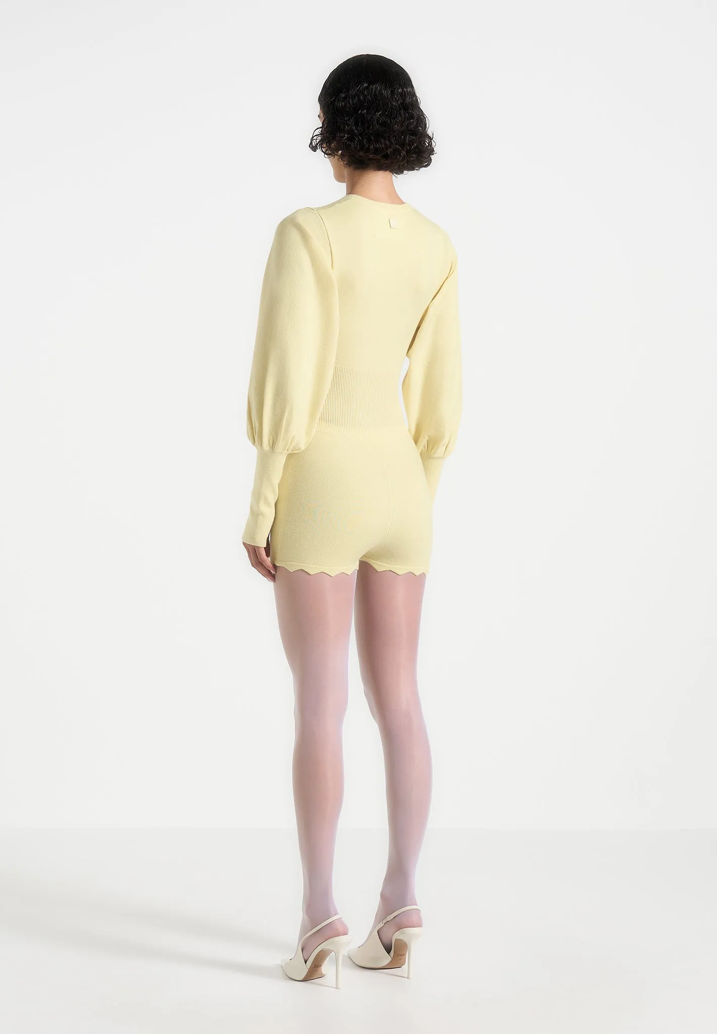 Michele - Knitted Scallop Hem Playsuit - Pale Yellow Basic Long Sleeve UV Protective Coating
