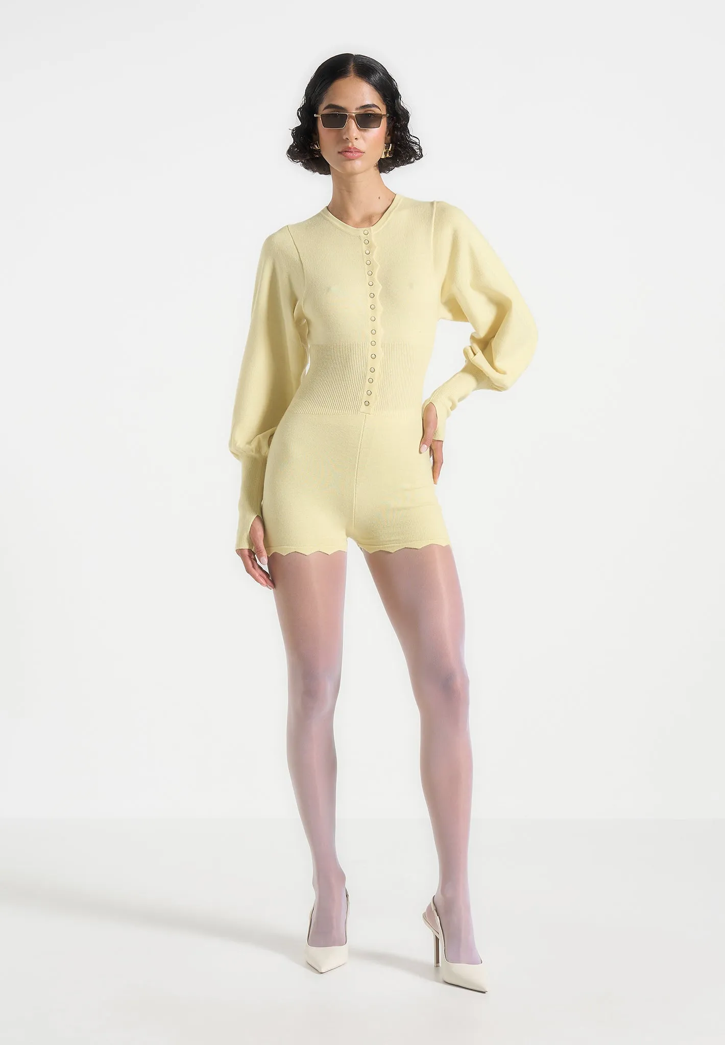 Michele - Knitted Scallop Hem Playsuit - Pale Yellow RelaxedNeckline AdjustableNeckline