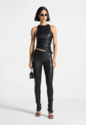 Informal charm Fun and Playful Yolande - Leather Asymmetric Tacked Racer Top - Black
