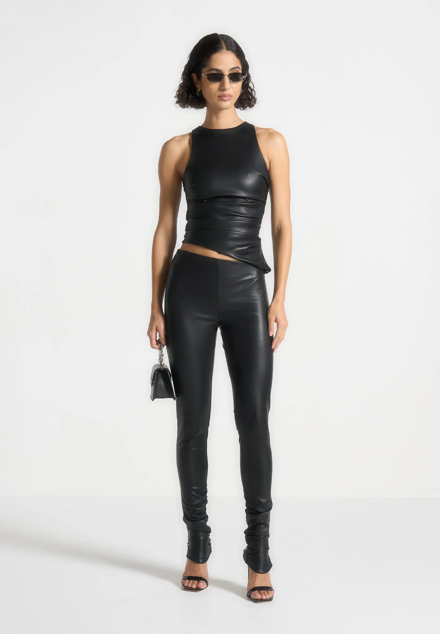 Yolande - Leather Asymmetric Tacked Racer Top - Black GarmentDyedTexture