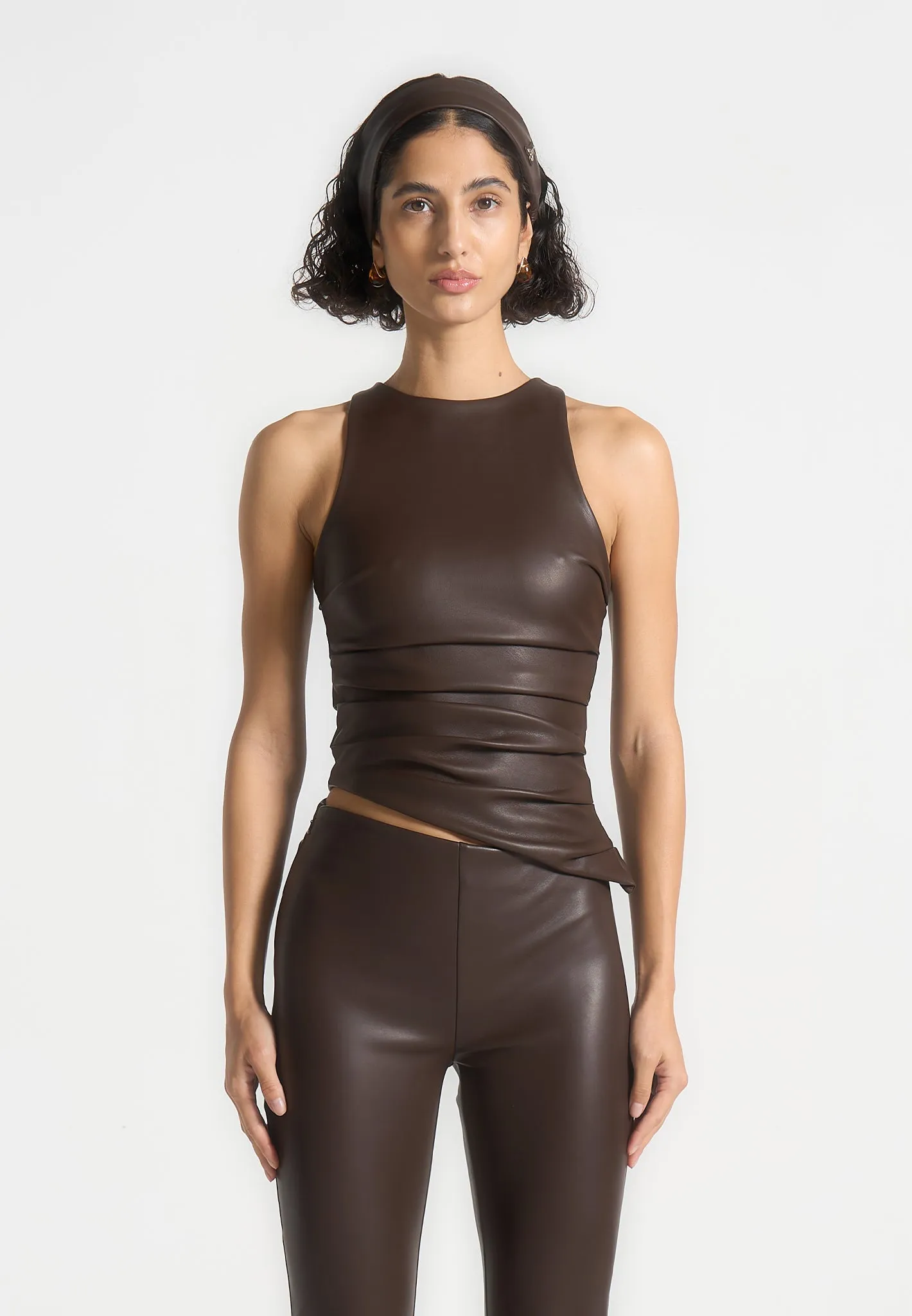 OversizedSilhouette Functional Wear Yolande - Leather Asymmetric Tacked Racer Top - Brown