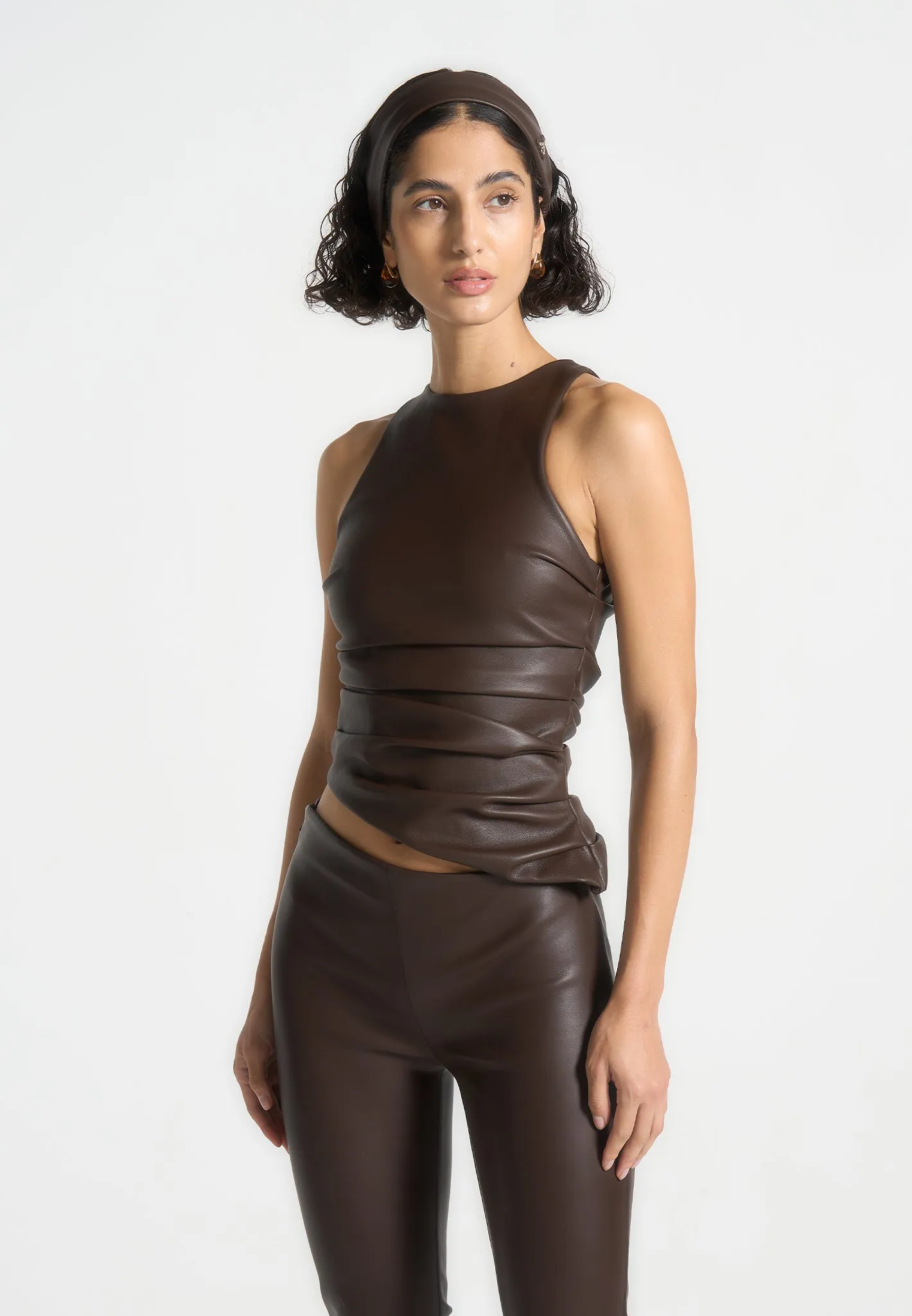 Yolande - Leather Asymmetric Tacked Racer Top - Brown Men's