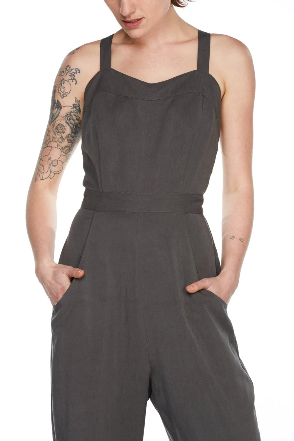 Tagless Comfort Yolked Juniper Jumpsuit in Olive Tencel